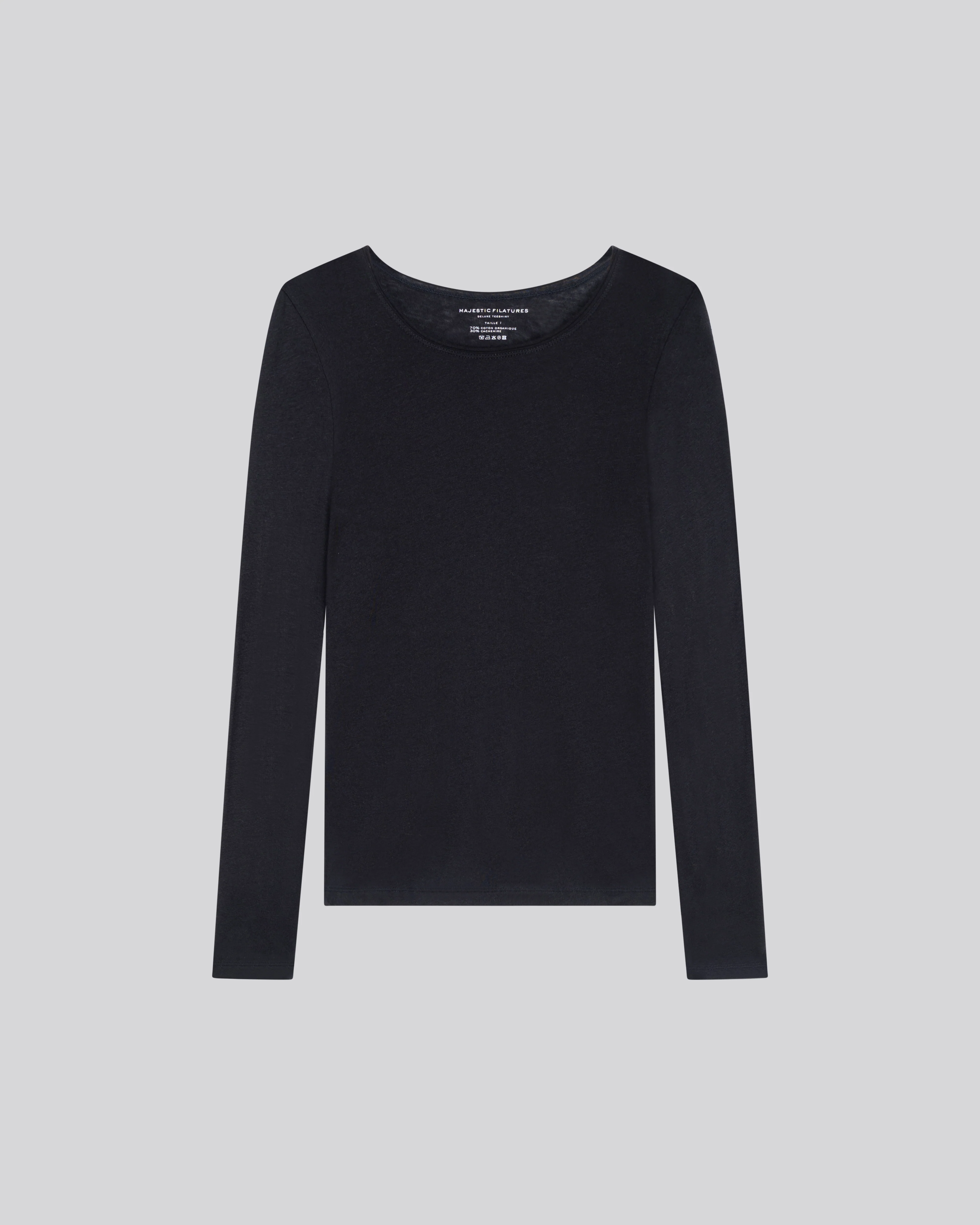 T-shirt Marine Col Rond Manches Longues en Coton et Cachemire - Image 5