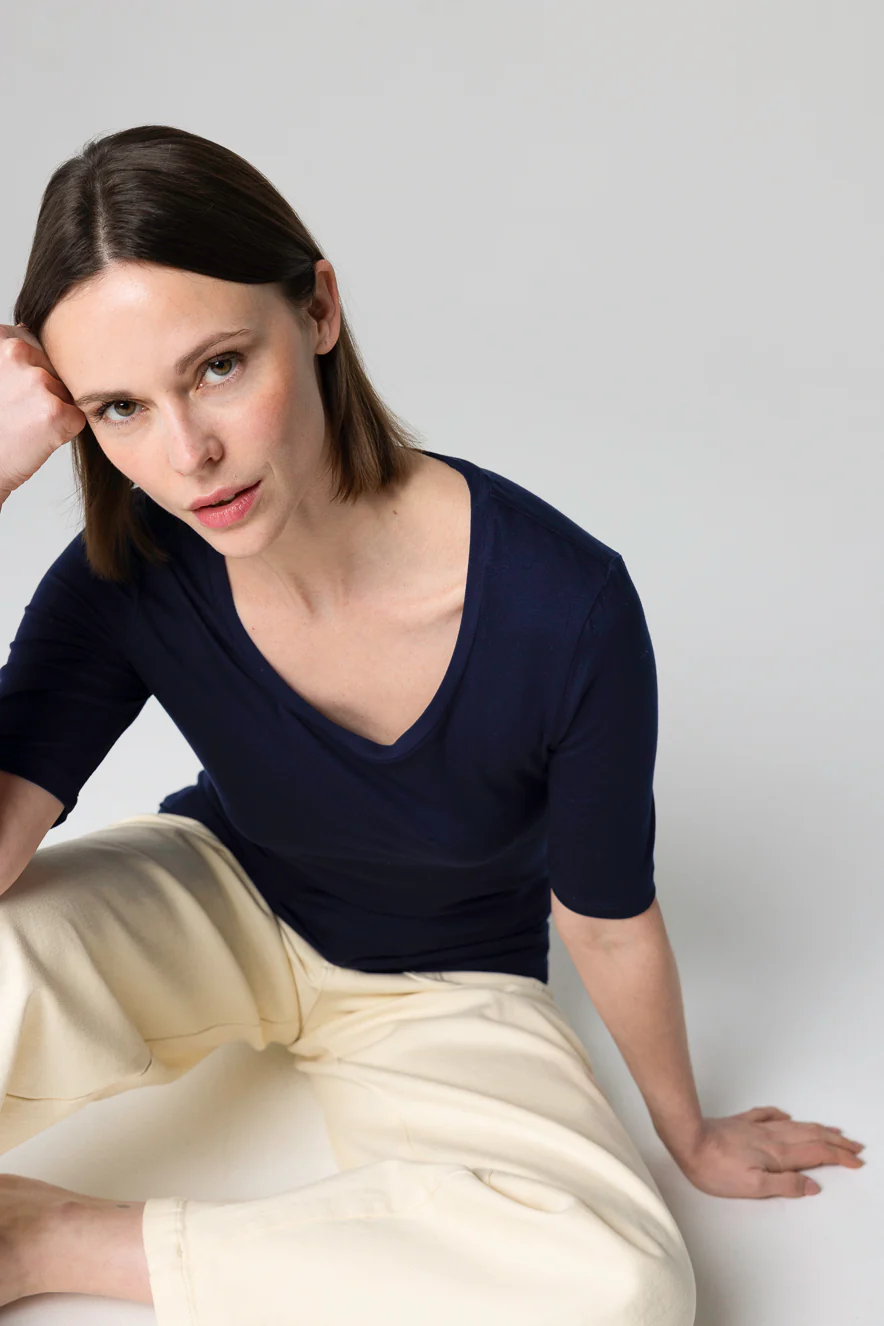 T-shirt Marine Col U Manches Coudes en Viscose / Elasthanne