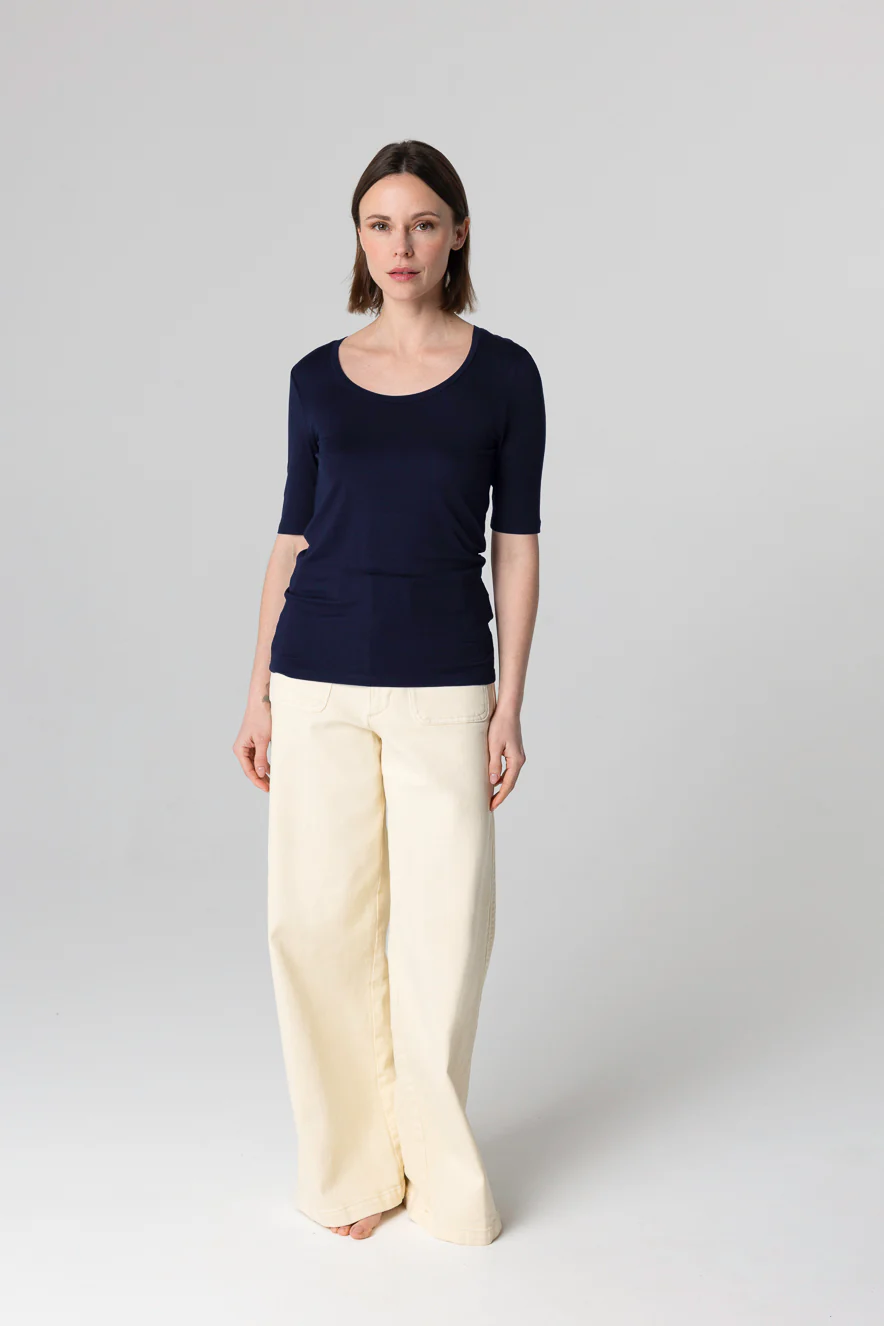 T-shirt Marine Col U Manches Coudes en Viscose / Elasthanne - Image 2