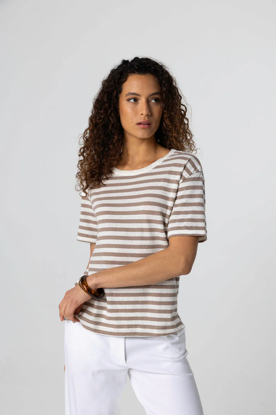 T-shirt Rayure Marron Col Rond Manches Courtes en Coton / Lin