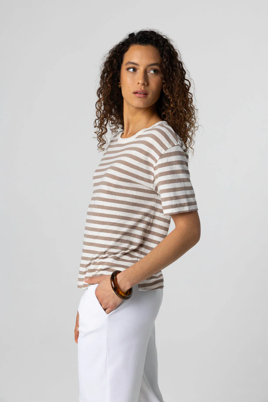 T-shirt Rayure Marron Col Rond Manches Courtes en Coton / Lin - Image 2