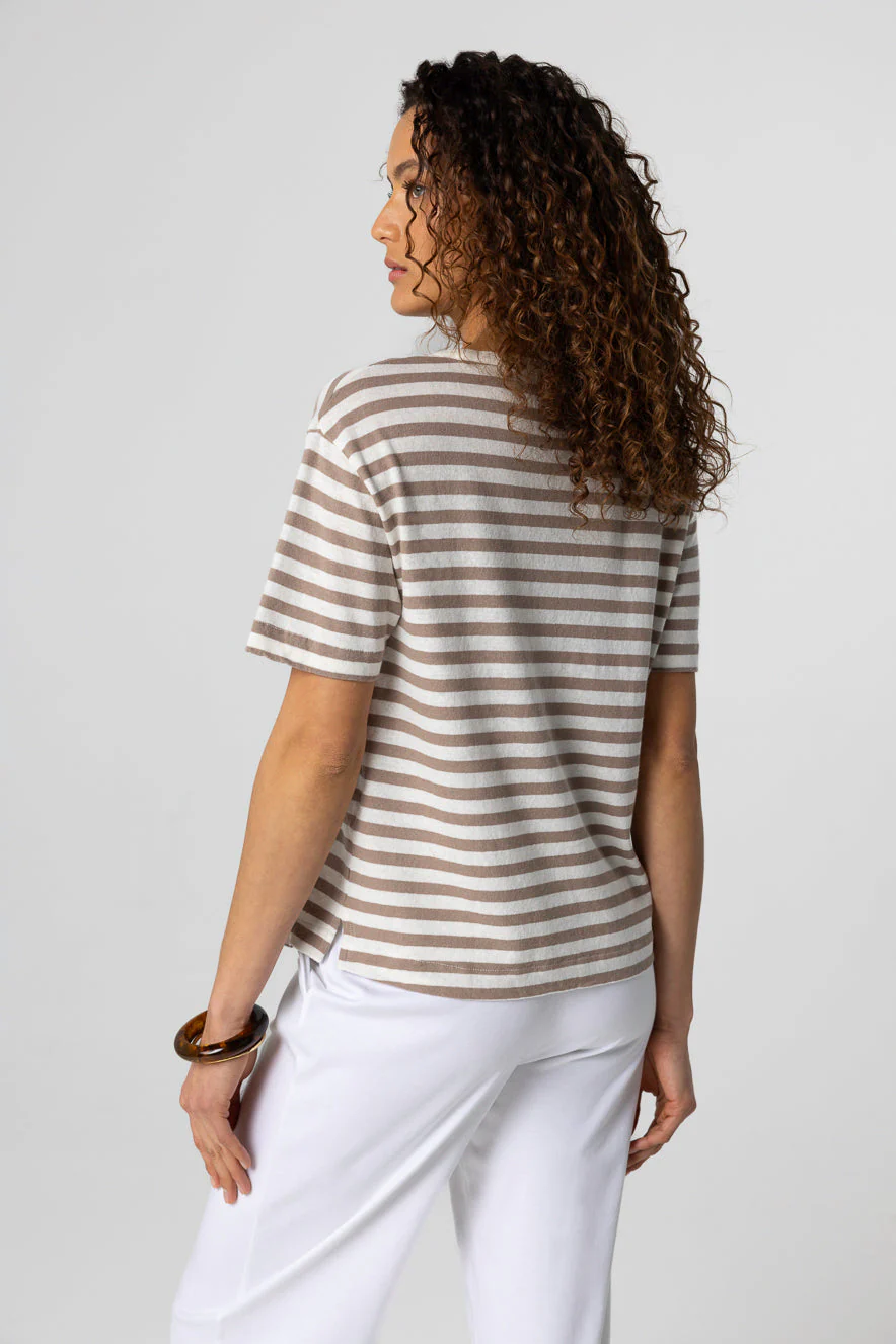T-shirt Rayure Marron Col Rond Manches Courtes en Coton / Lin - Image 3