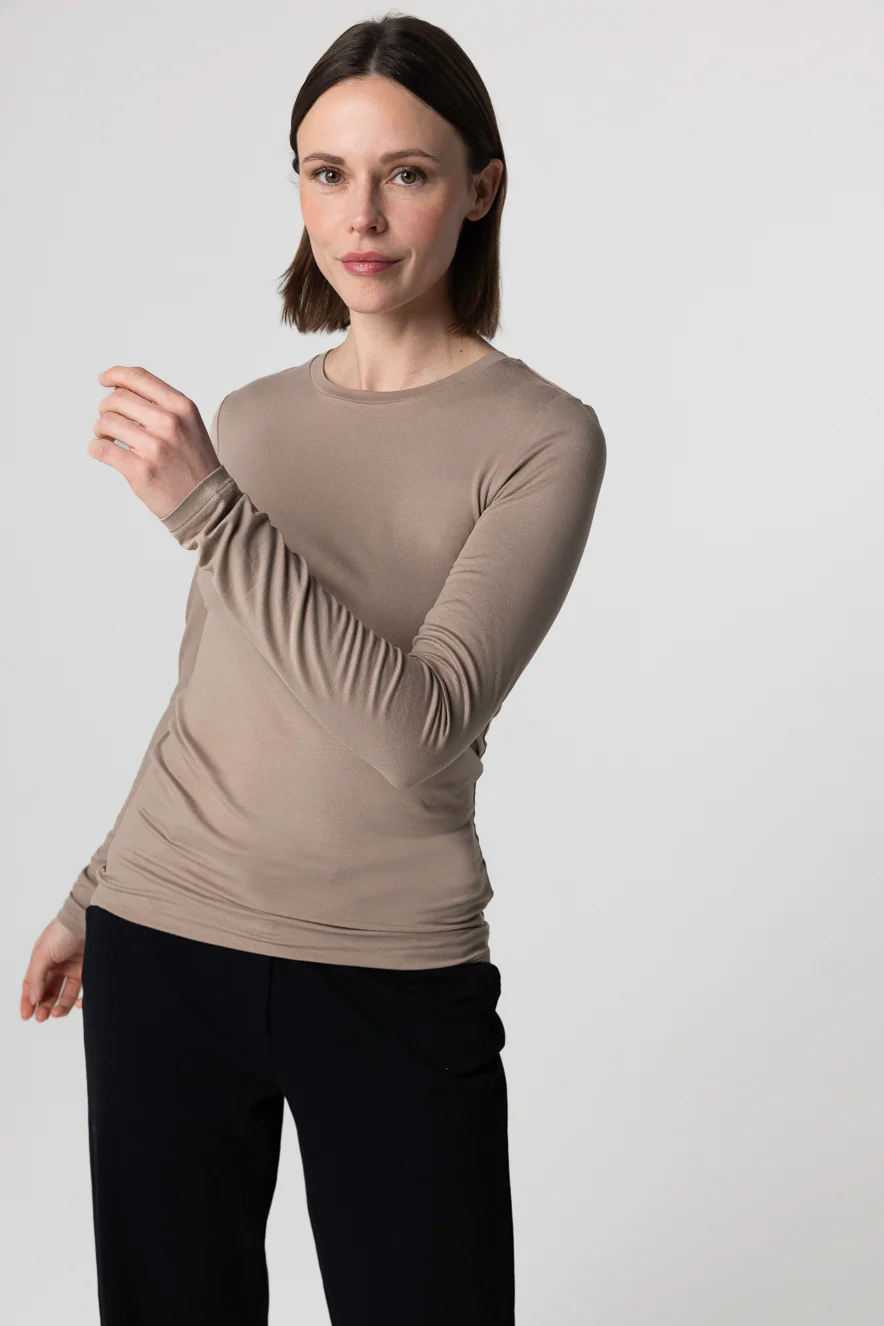 T-shirt Marron Col Rond Manches Longues en Viscose / Elasthanne