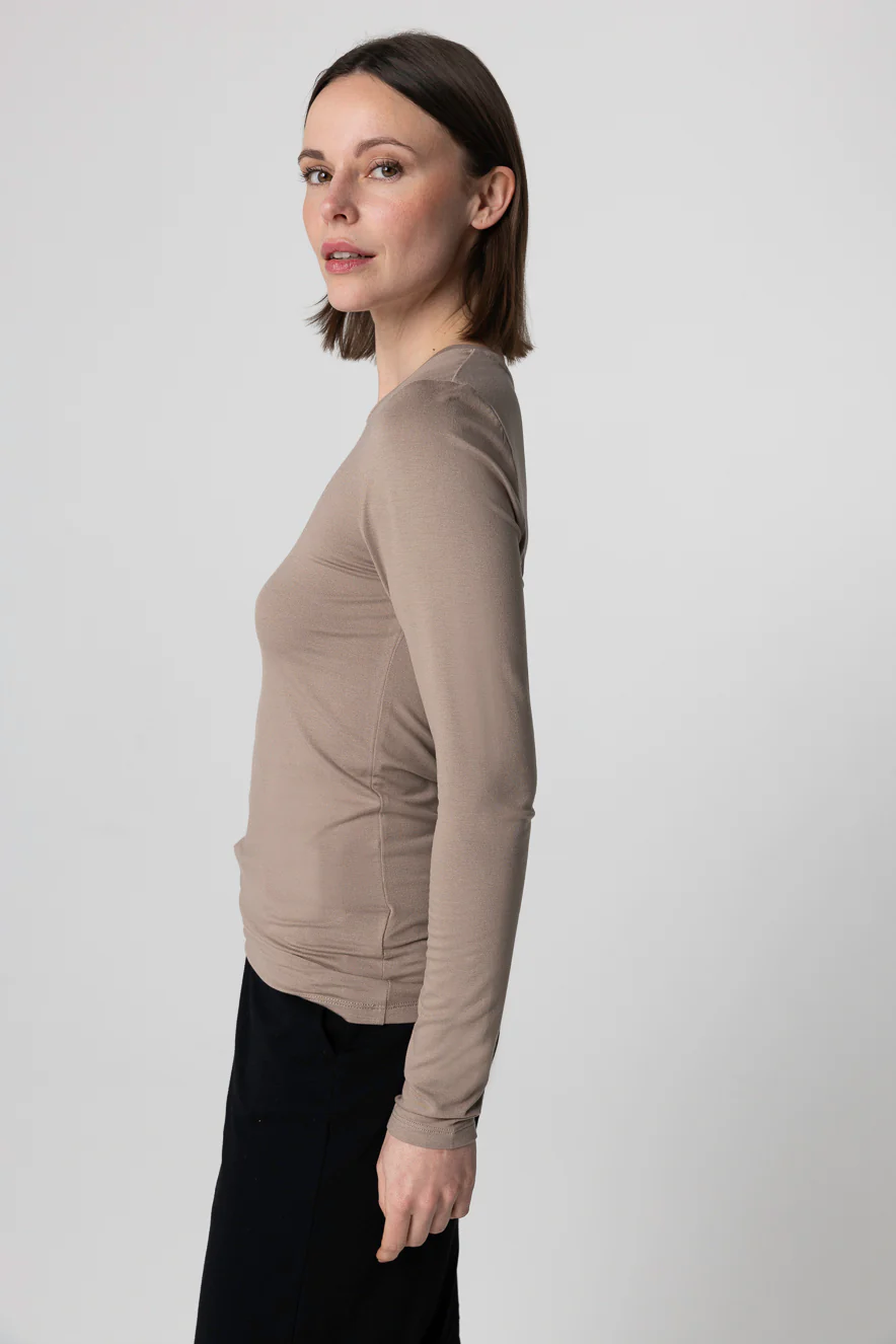 T-shirt Marron Col Rond Manches Longues en Viscose / Elasthanne - Image 3