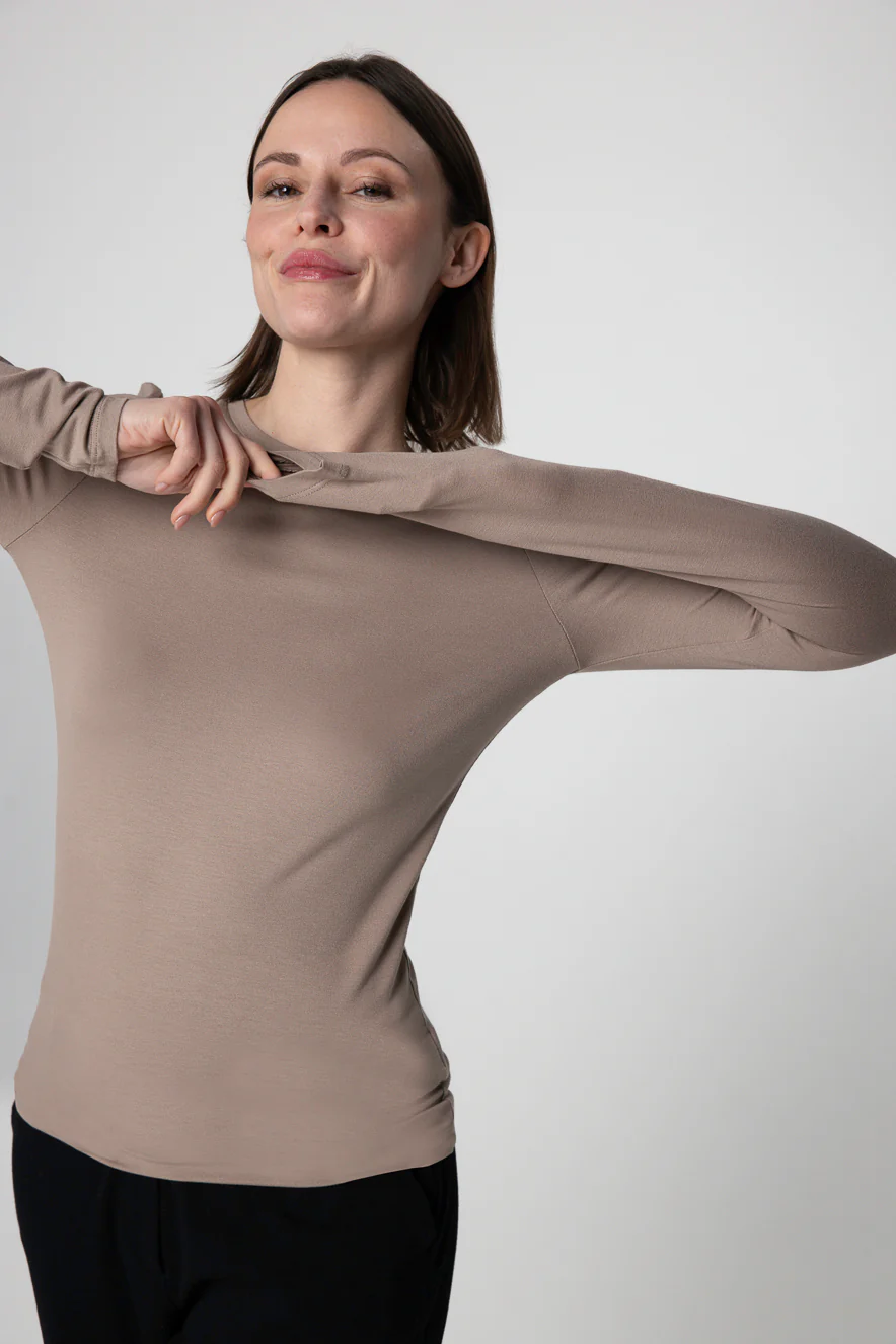 T-shirt Marron Col Rond Manches Longues en Viscose / Elasthanne - Image 5