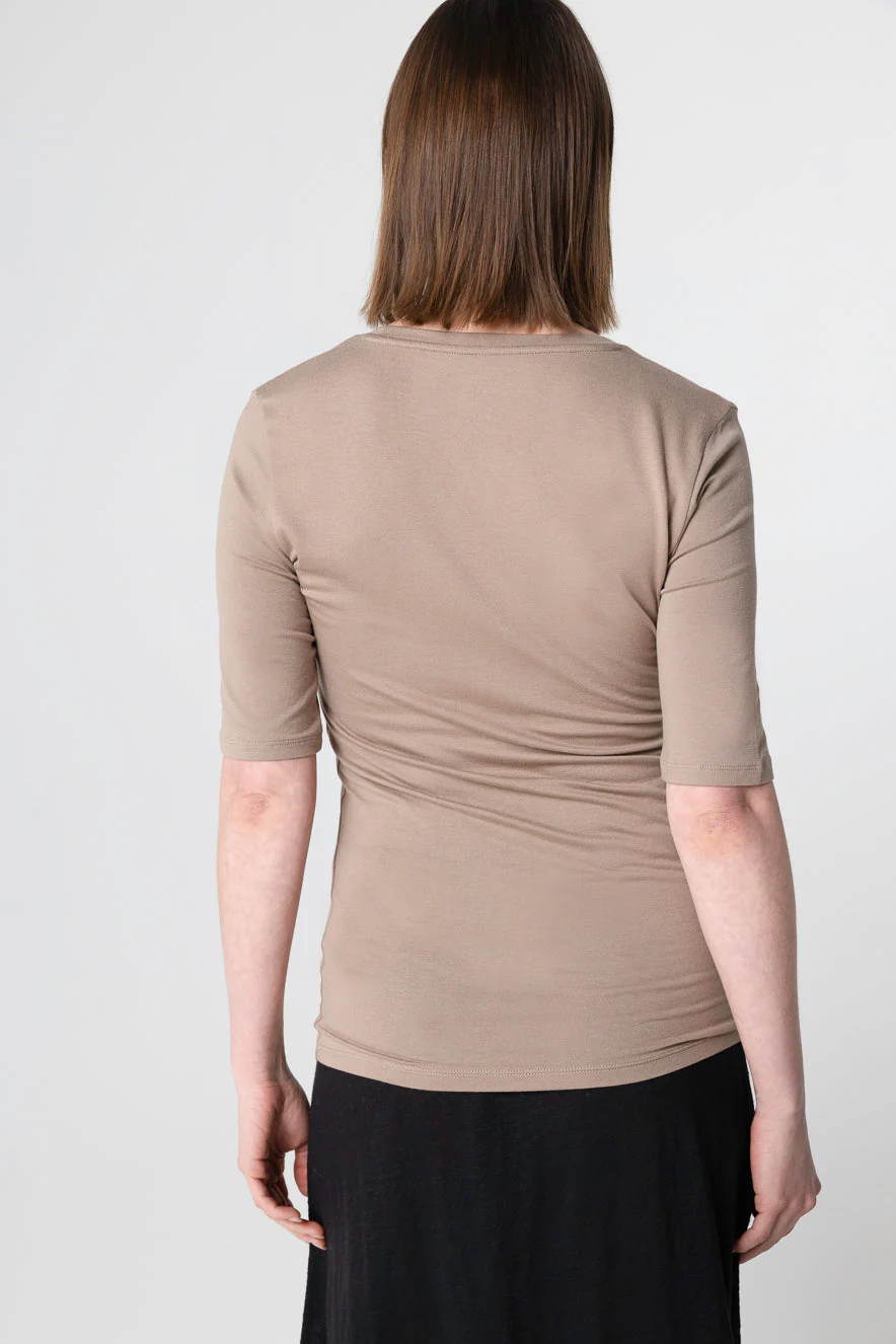 T-shirt Marron Col U Manches Coudes en Viscose / Elasthanne - Image 3