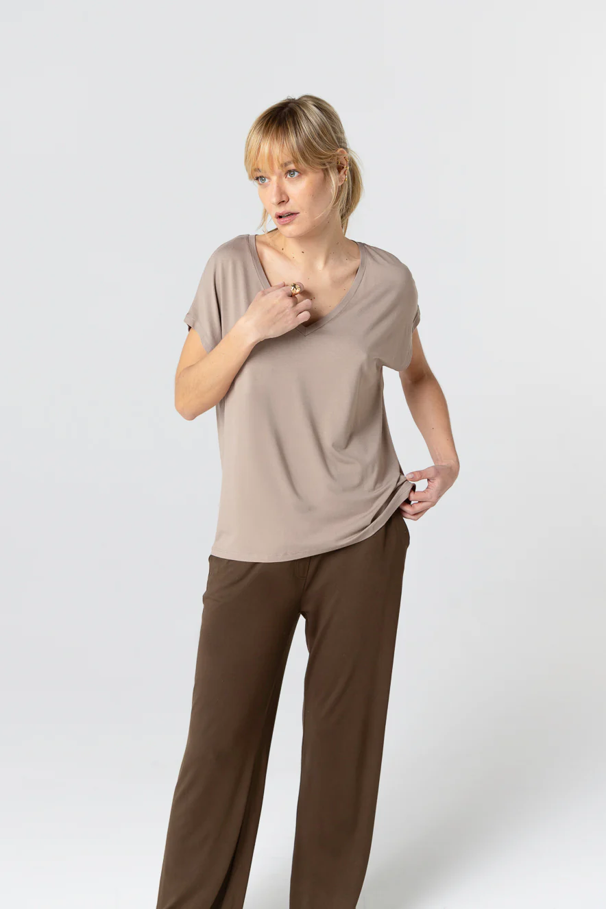 T-shirt Marron Col V Manches Courtes en Viscose / Elasthanne - Image 3