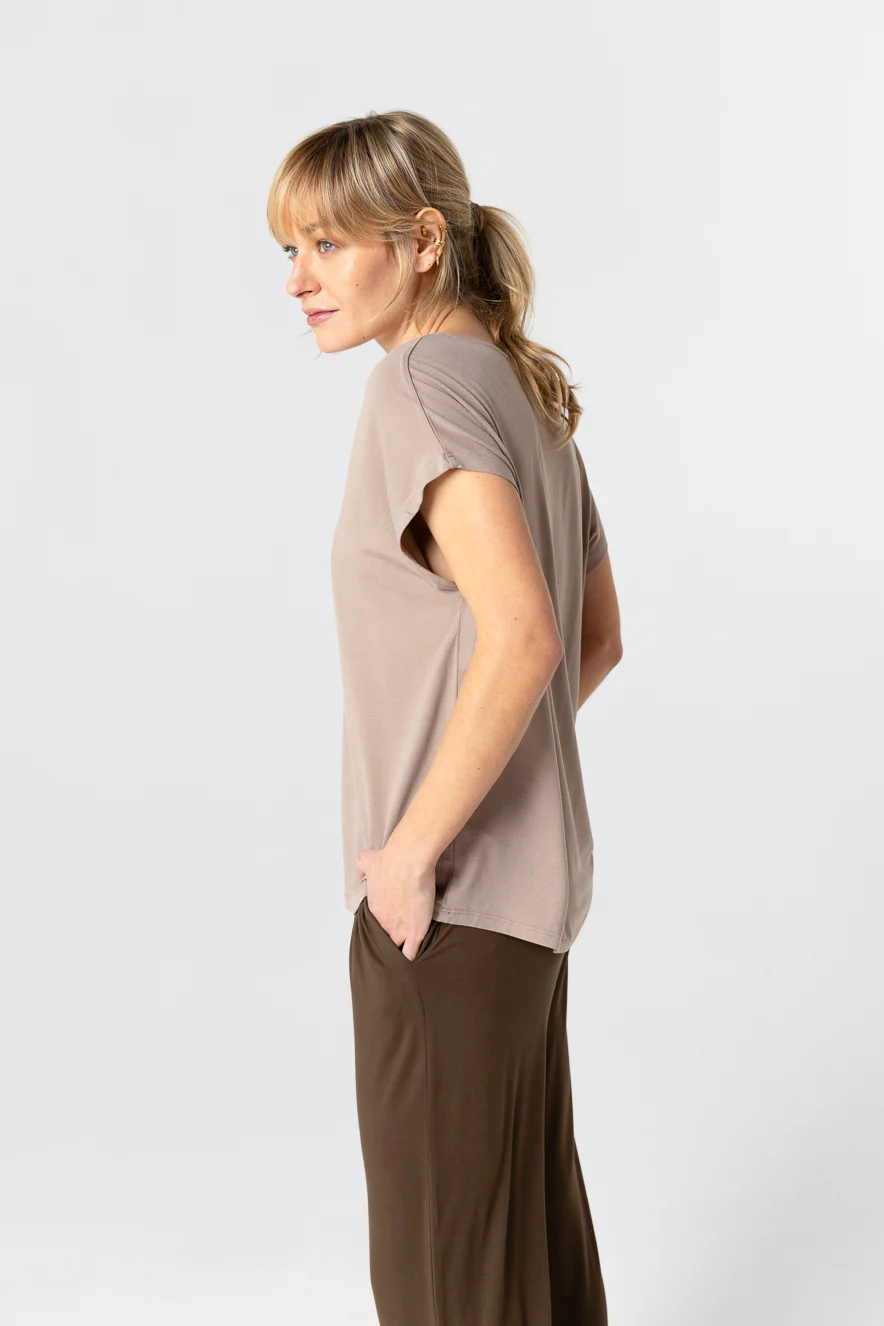 T-shirt Marron Col V Manches Courtes en Viscose / Elasthanne - Image 4