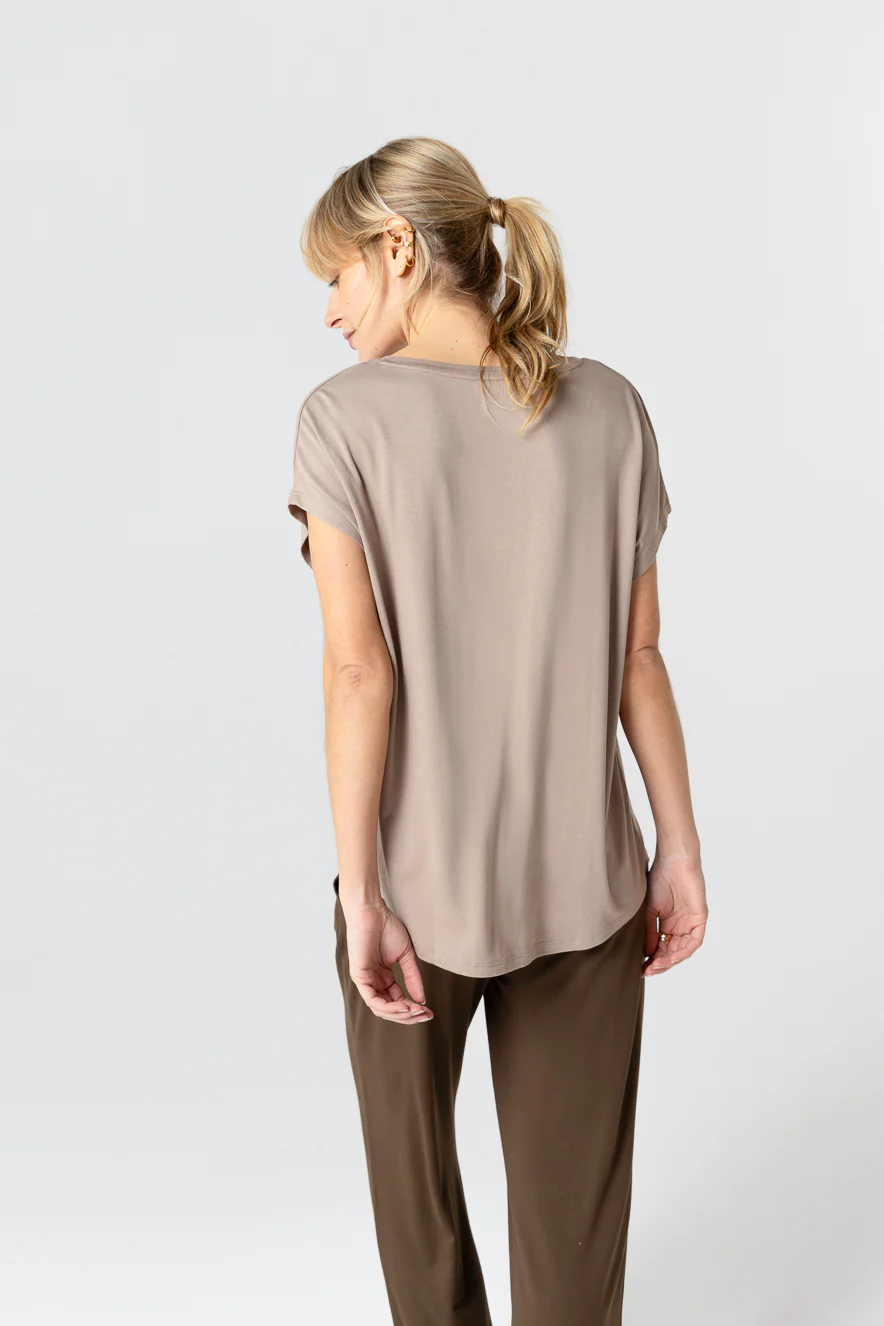 T-shirt Marron Col V Manches Courtes en Viscose / Elasthanne - Image 5