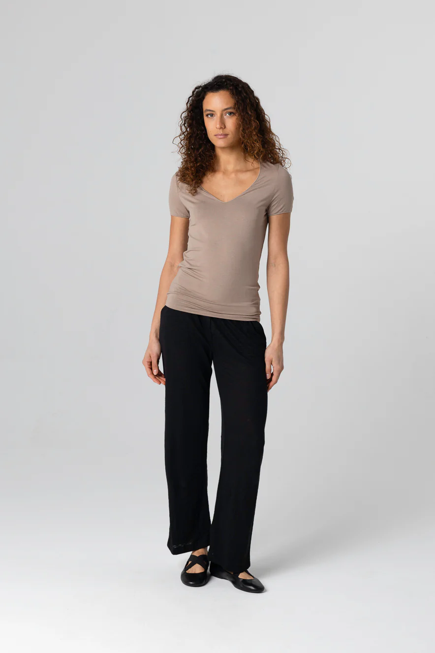 T-shirt Marron Col V Manches Courtes en Viscose / Elasthanne - Image 4