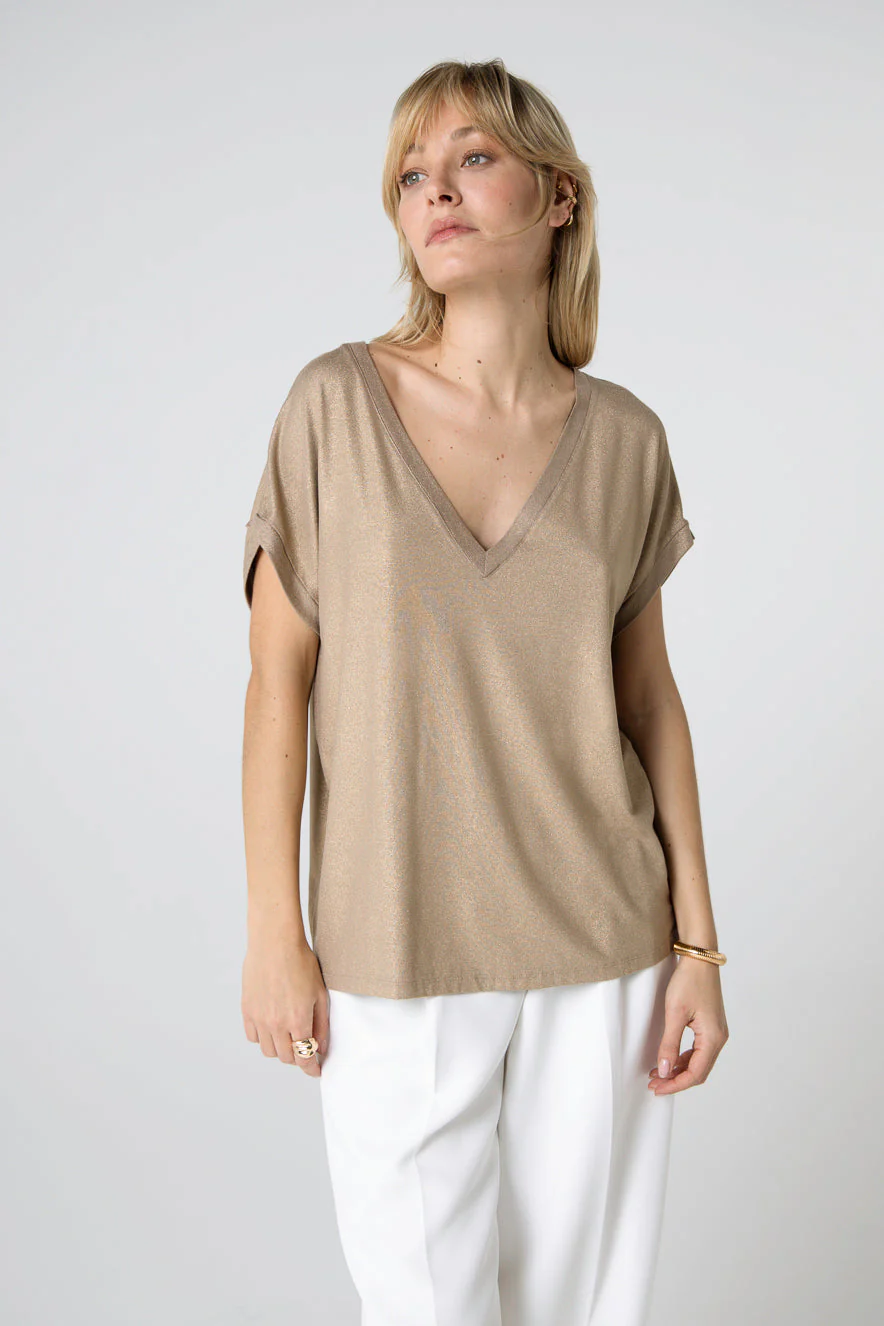 T-shirt Coffee Latte Col V Manches Courtes en Viscose / Elasthanne