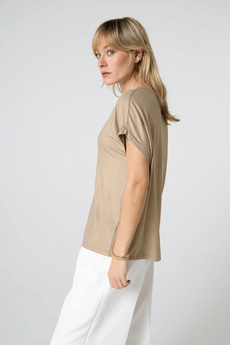 T-shirt Coffee Latte Col V Manches Courtes en Viscose / Elasthanne - Image 2