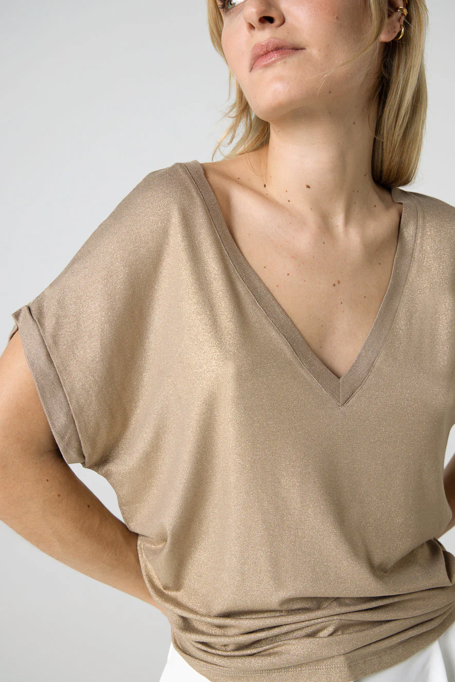 T-shirt Coffee Latte Col V Manches Courtes en Viscose / Elasthanne - Image 4