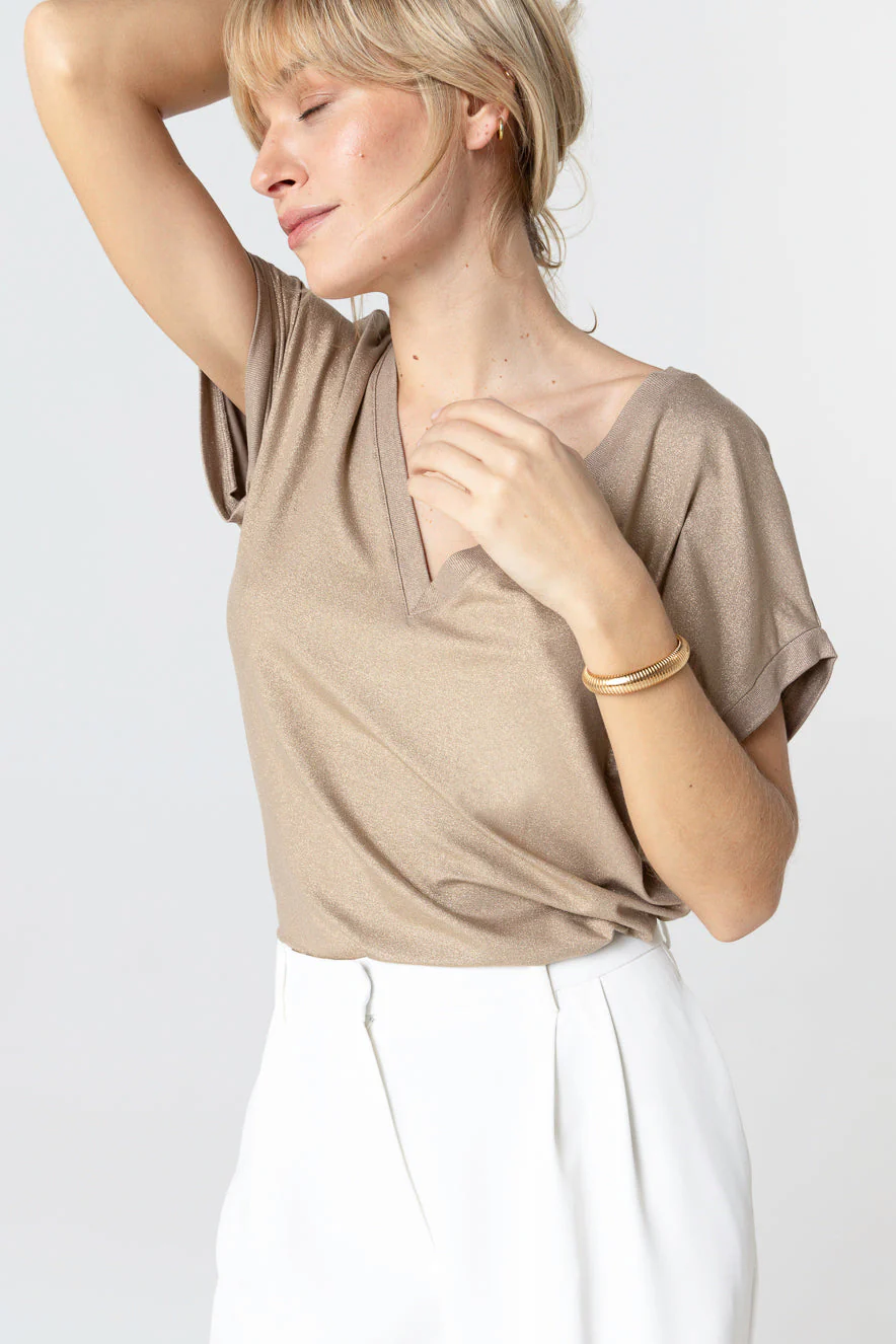 T-shirt Coffee Latte Col V Manches Courtes en Viscose / Elasthanne - Image 5