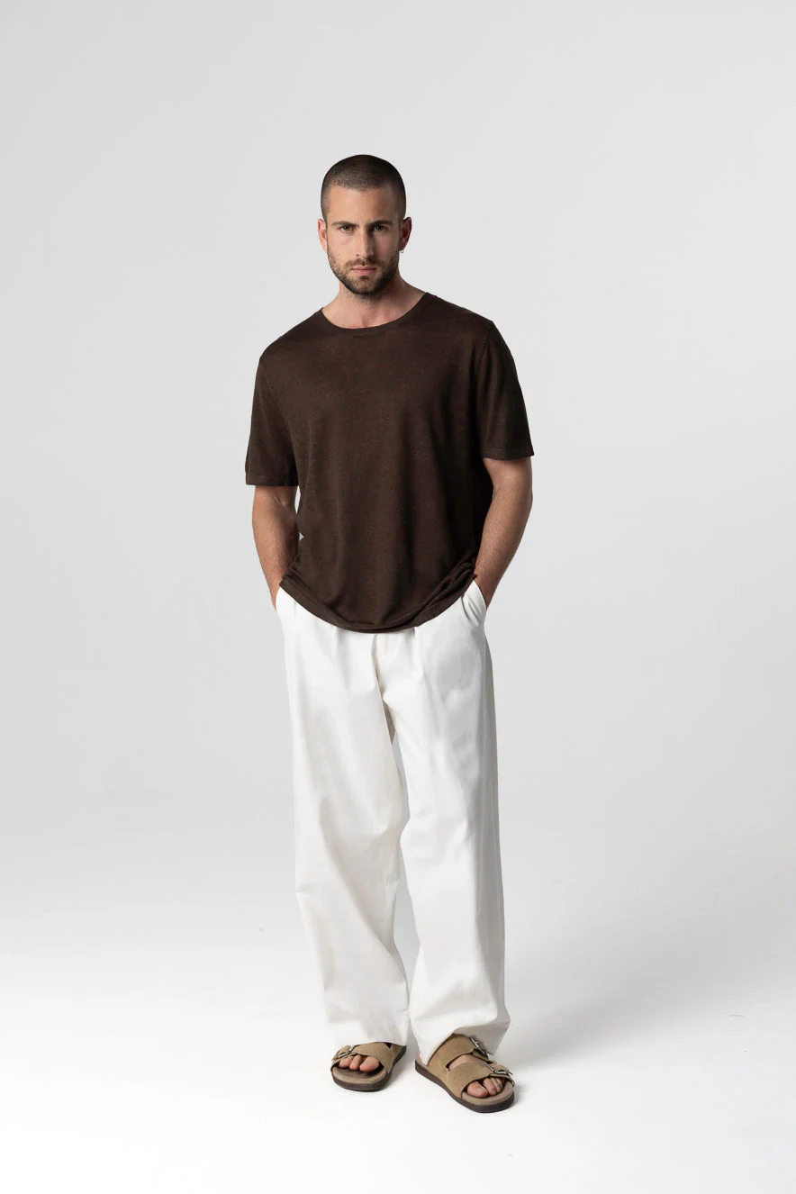 T-shirt Marron Foncé Col Rond Manches Courtes en Lin - Image 2