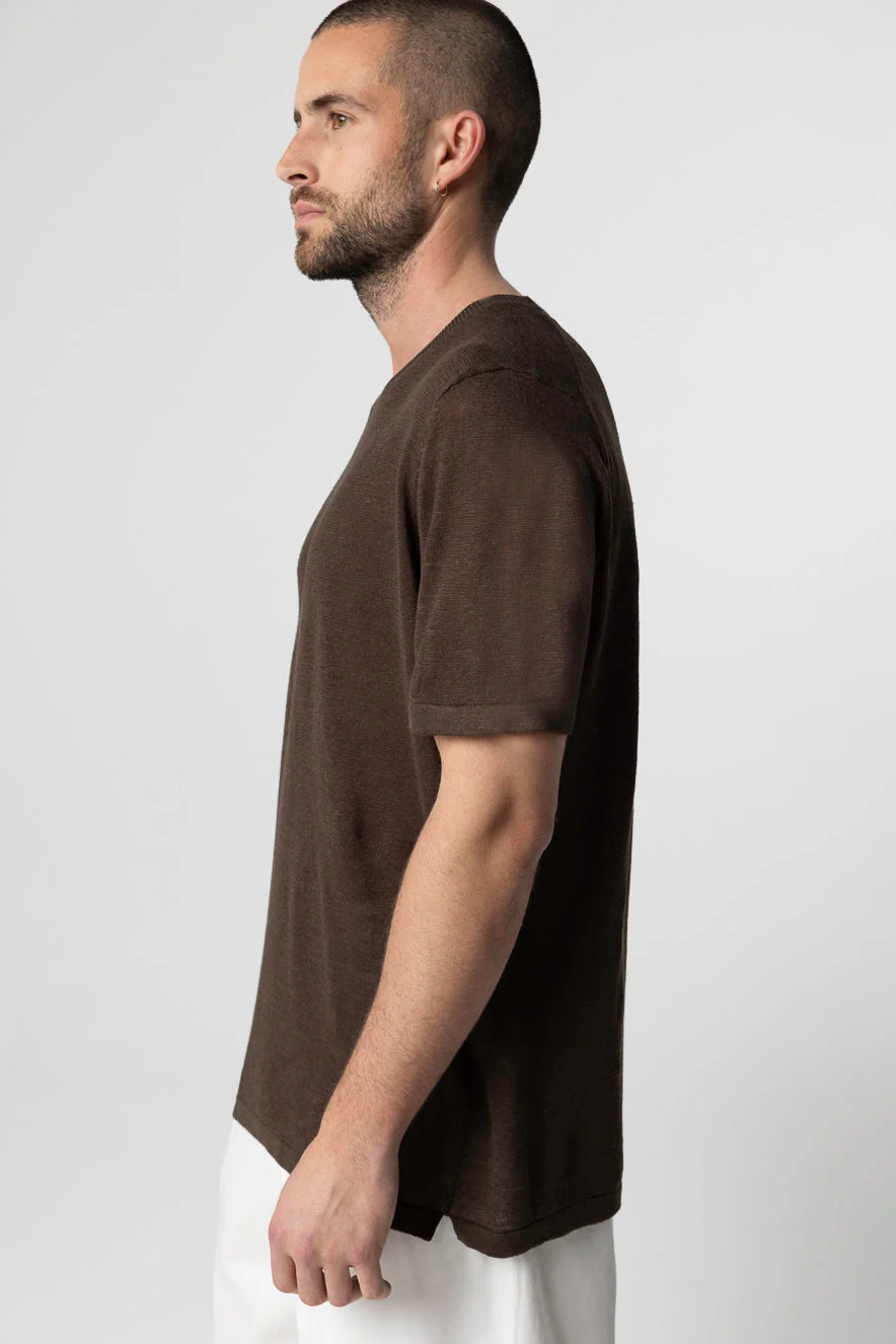 T-shirt Marron Foncé Col Rond Manches Courtes en Lin - Image 3