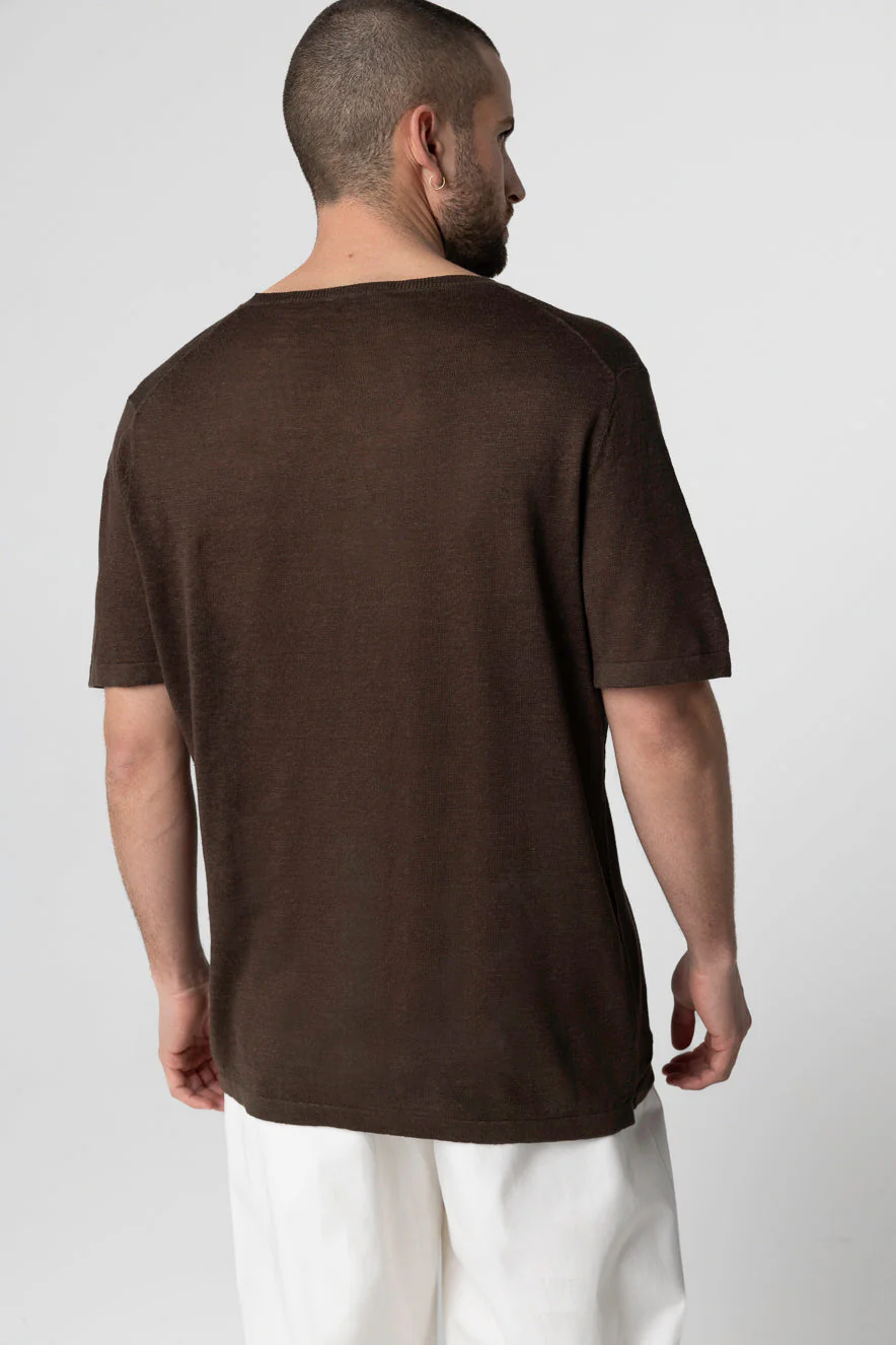 T-shirt Marron Foncé Col Rond Manches Courtes en Lin - Image 4