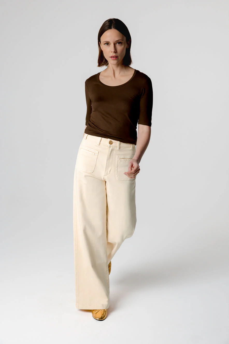 T-shirt Marron Foncé Col U Manches Coudes en Viscose / Elasthanne - Image 2