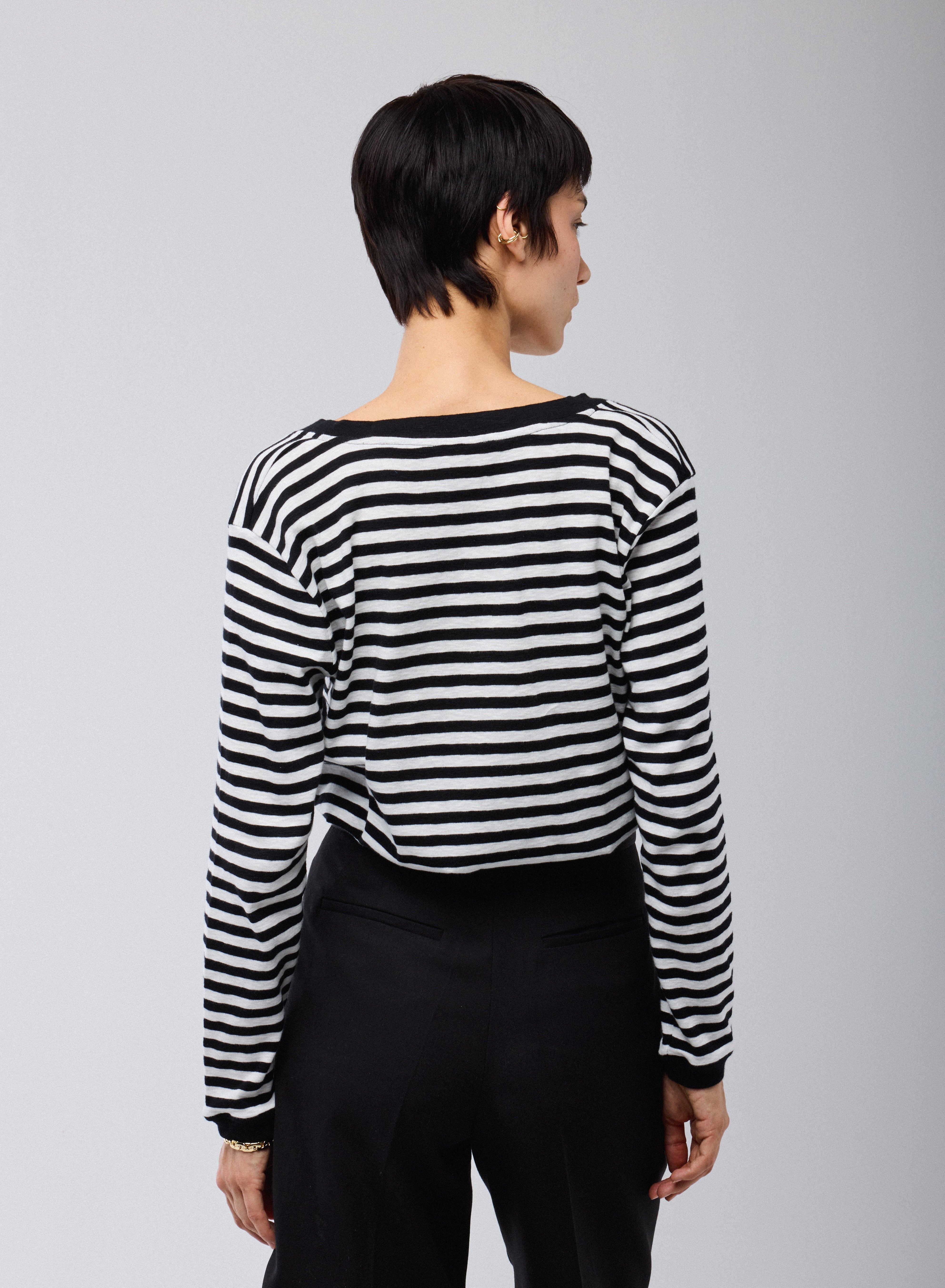 T-shirt Marinière Noir / Blanc Col V Manches Longues en Coton organique - Image 5