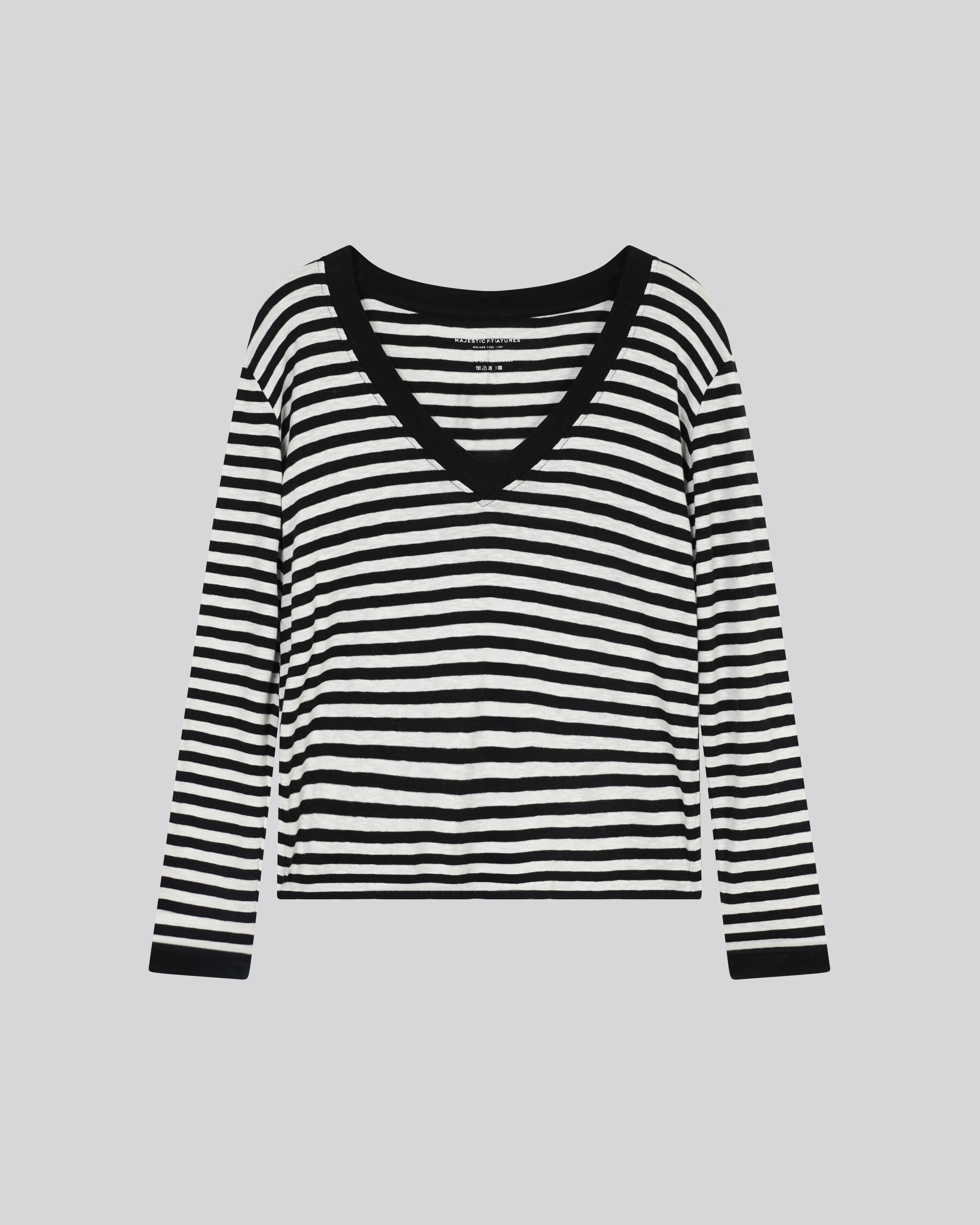 T-shirt Marinière Noir / Blanc Col V Manches Longues en Coton organique - Image 6