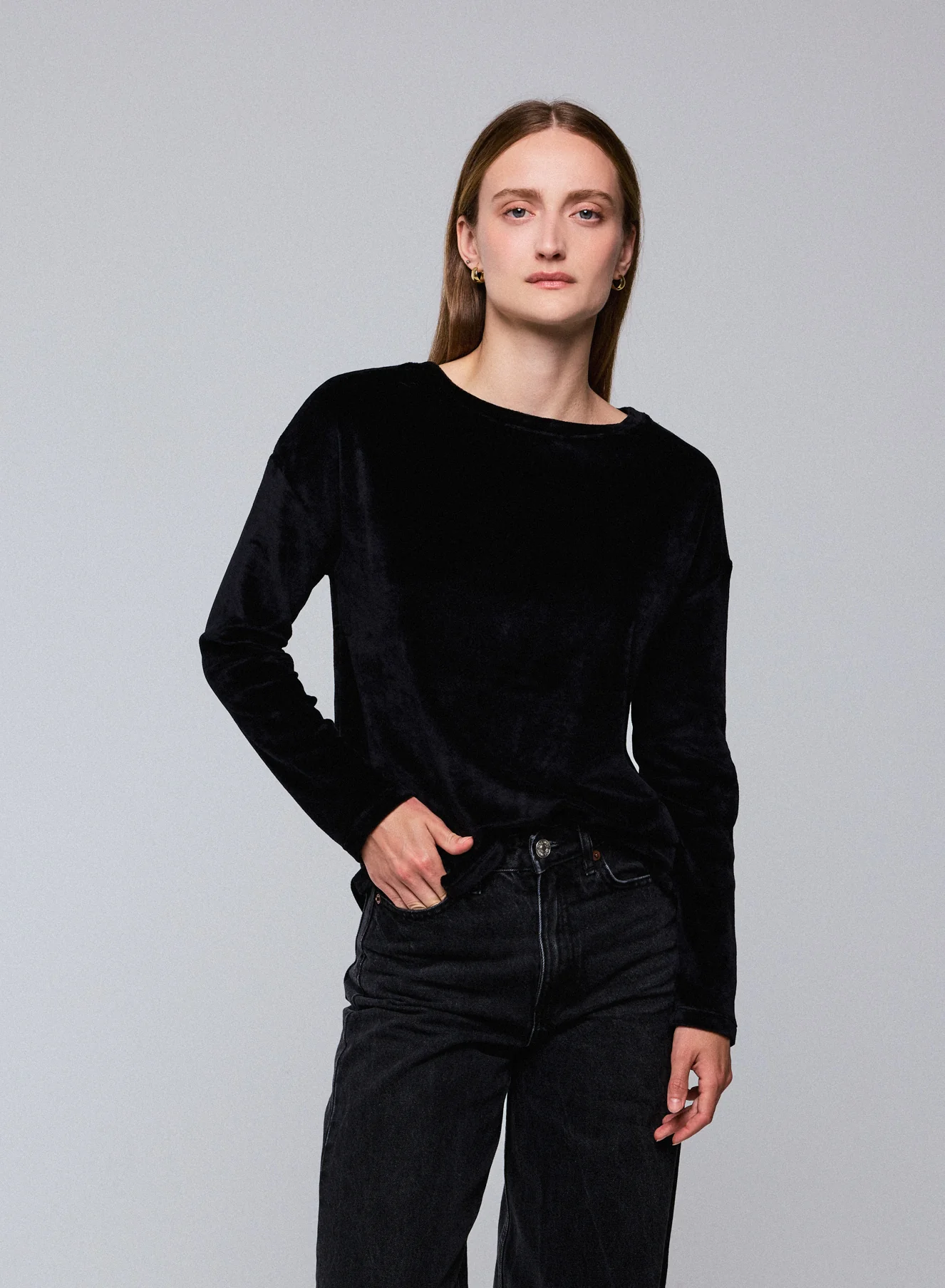 T-shirt Noir Col Bateau Manches Longues en Coton Organique / Modal / Elasthanne