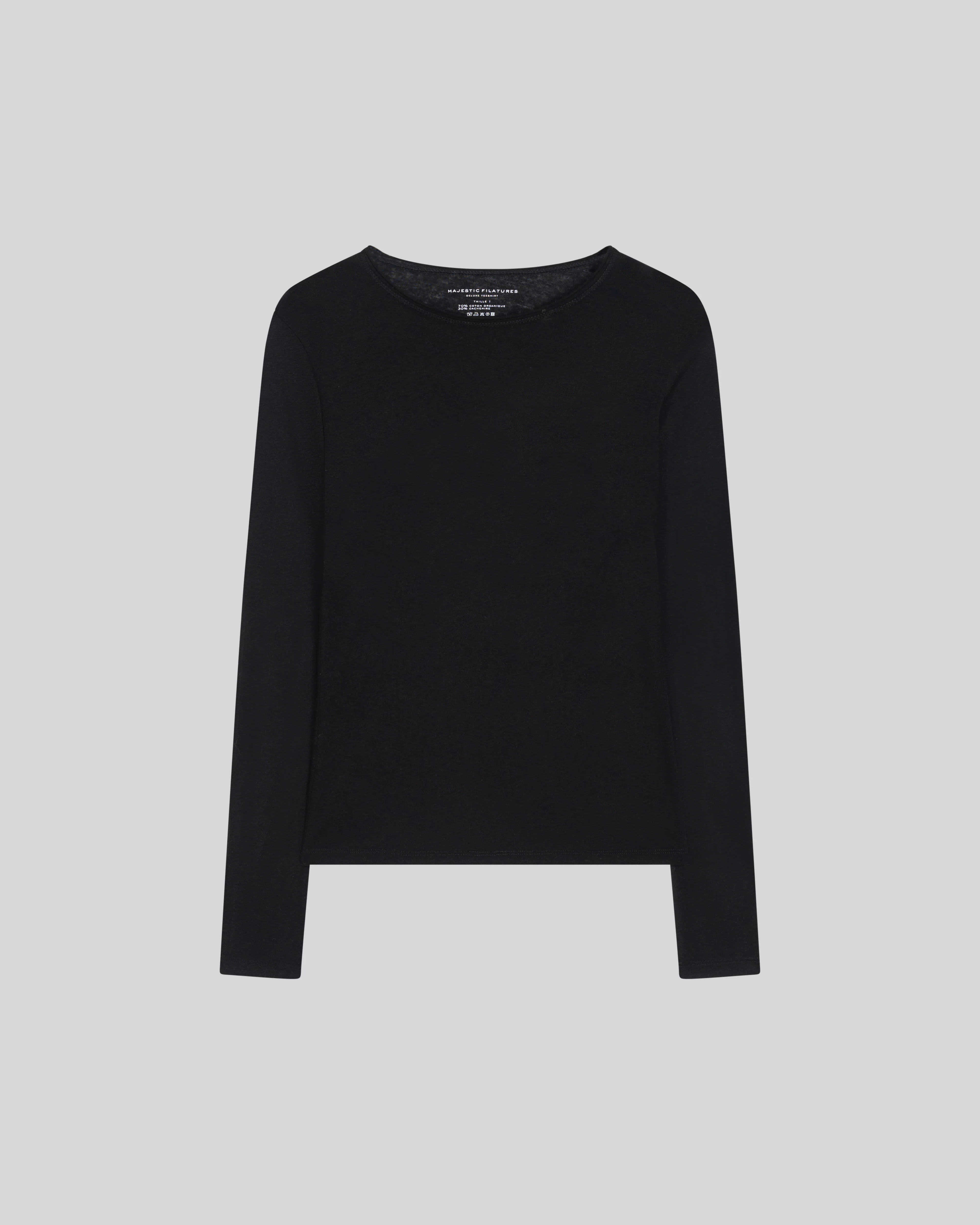 T-shirt Noir Col Rond Manches Longues en Coton et Cachemire - Image 5