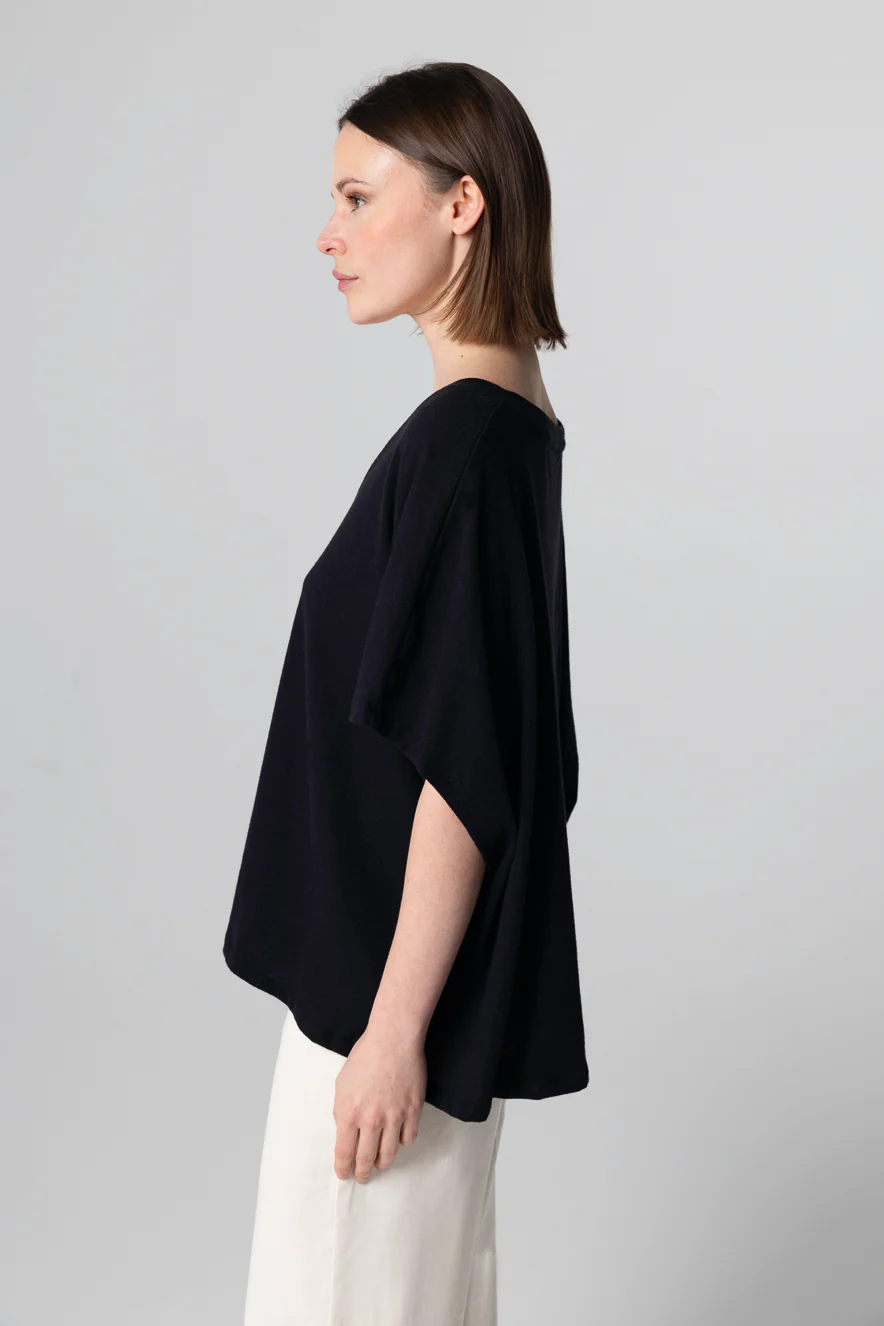 T-shirt Noir Col V Manches Courtes en Coton / Lin - Image 4