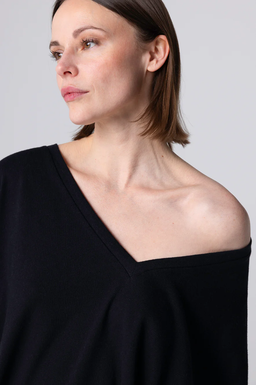 T-shirt Noir Col V Manches Courtes en Coton / Lin - Image 6