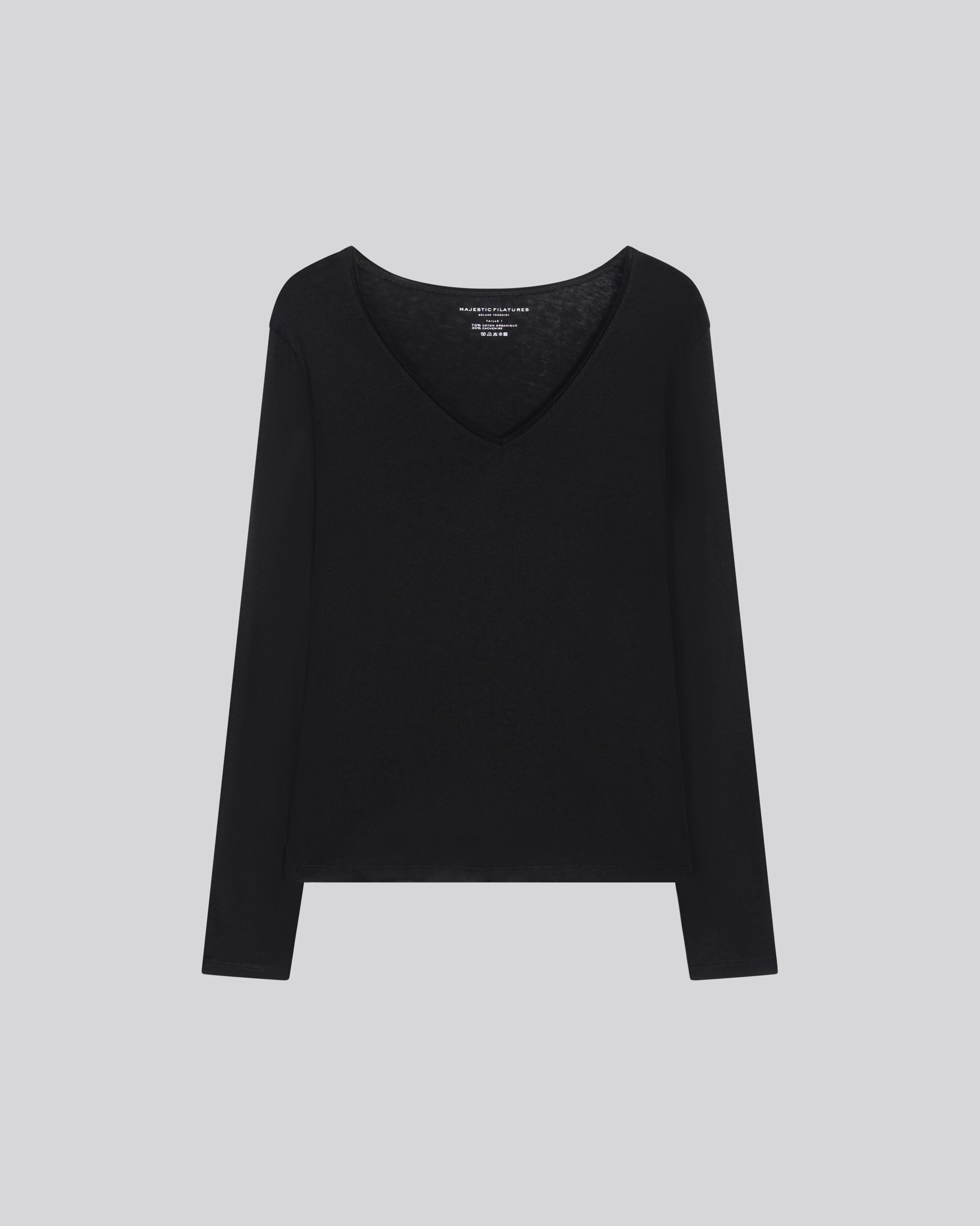 T-shirt Noir Col V Manches Longues en Coton et Cachemire - Image 6
