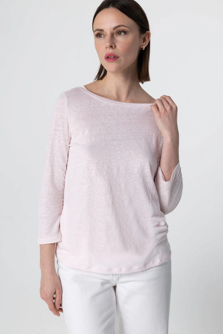 T-shirt Rose Col Bateau Manches Trois quarts en Lin / Elasthanne