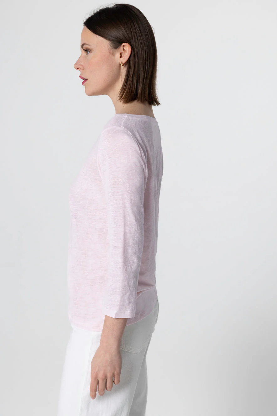 T-shirt Rose Col Bateau Manches Trois quarts en Lin / Elasthanne - Image 3