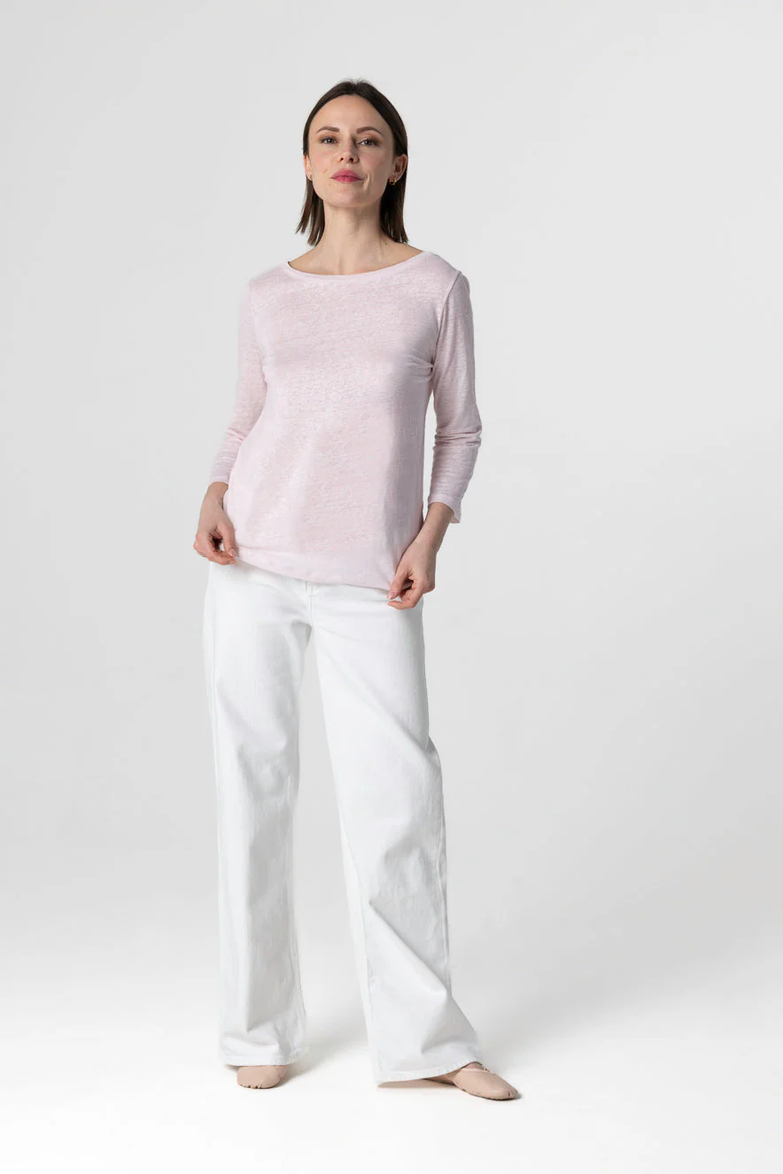 T-shirt Rose Col Bateau Manches Trois quarts en Lin / Elasthanne - Image 4