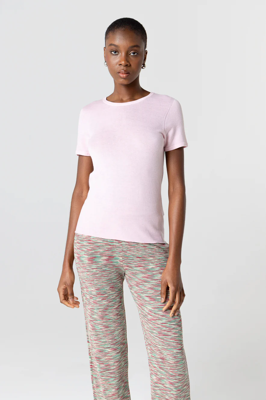 T-shirt Rose Col Rond Manches Courtes en Cachemire