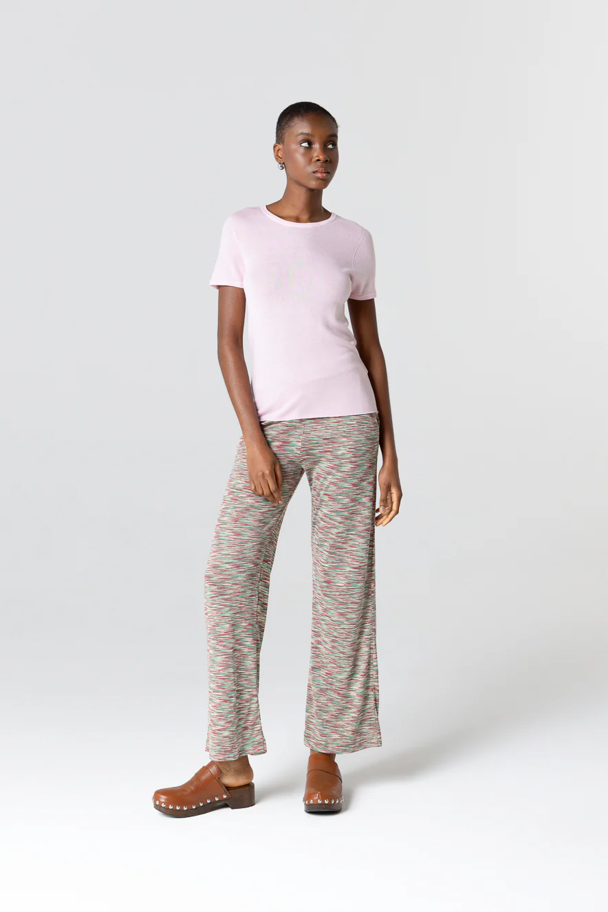 T-shirt Rose Col Rond Manches Courtes en Cachemire - Image 2
