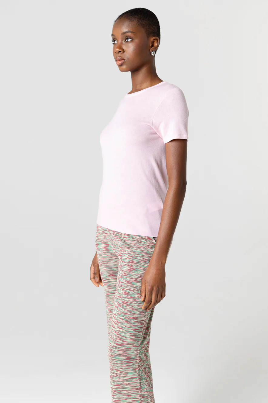 T-shirt Rose Col Rond Manches Courtes en Cachemire - Image 3