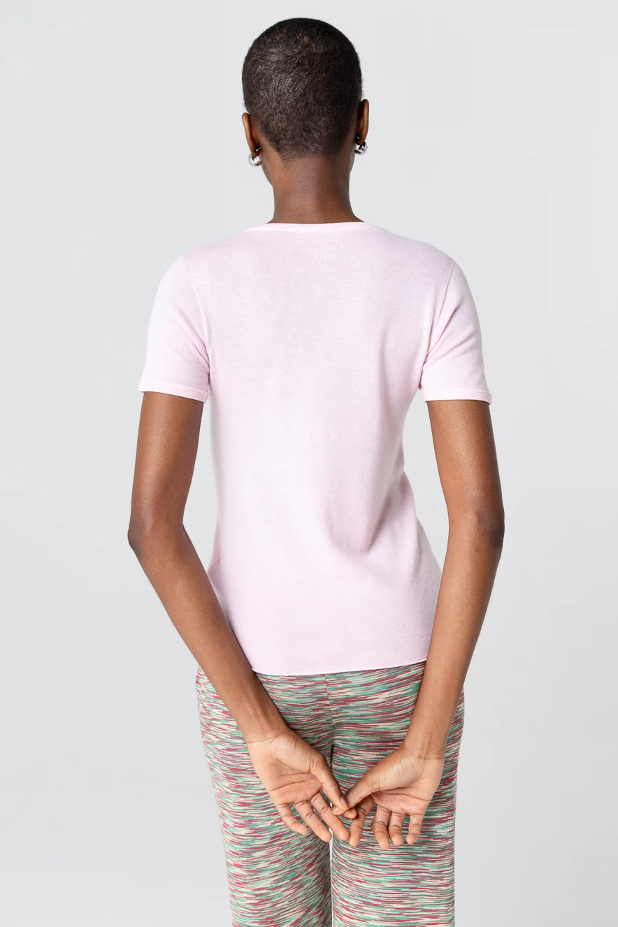 T-shirt Rose Col Rond Manches Courtes en Cachemire - Image 4