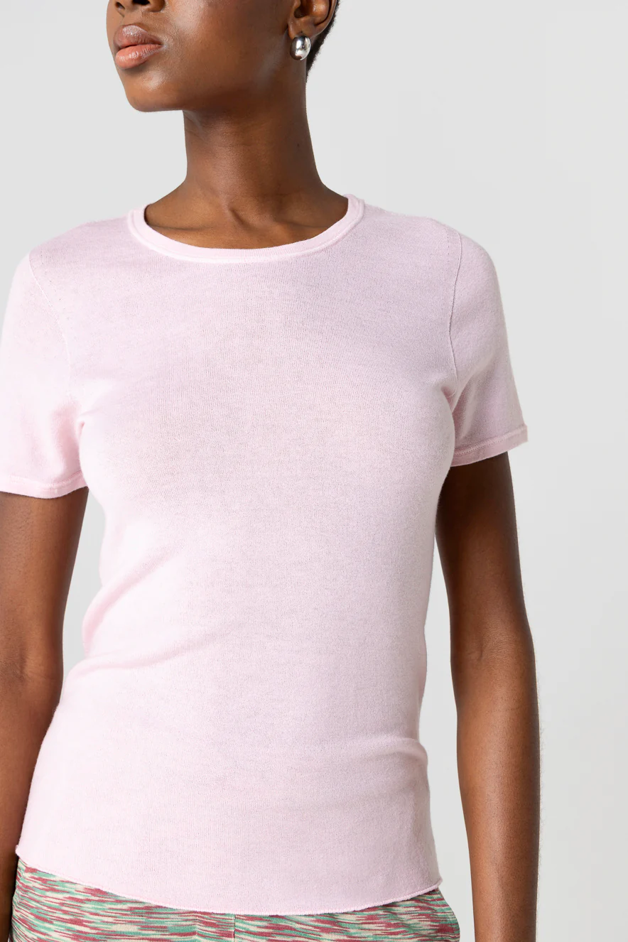 T-shirt Rose Col Rond Manches Courtes en Cachemire - Image 5