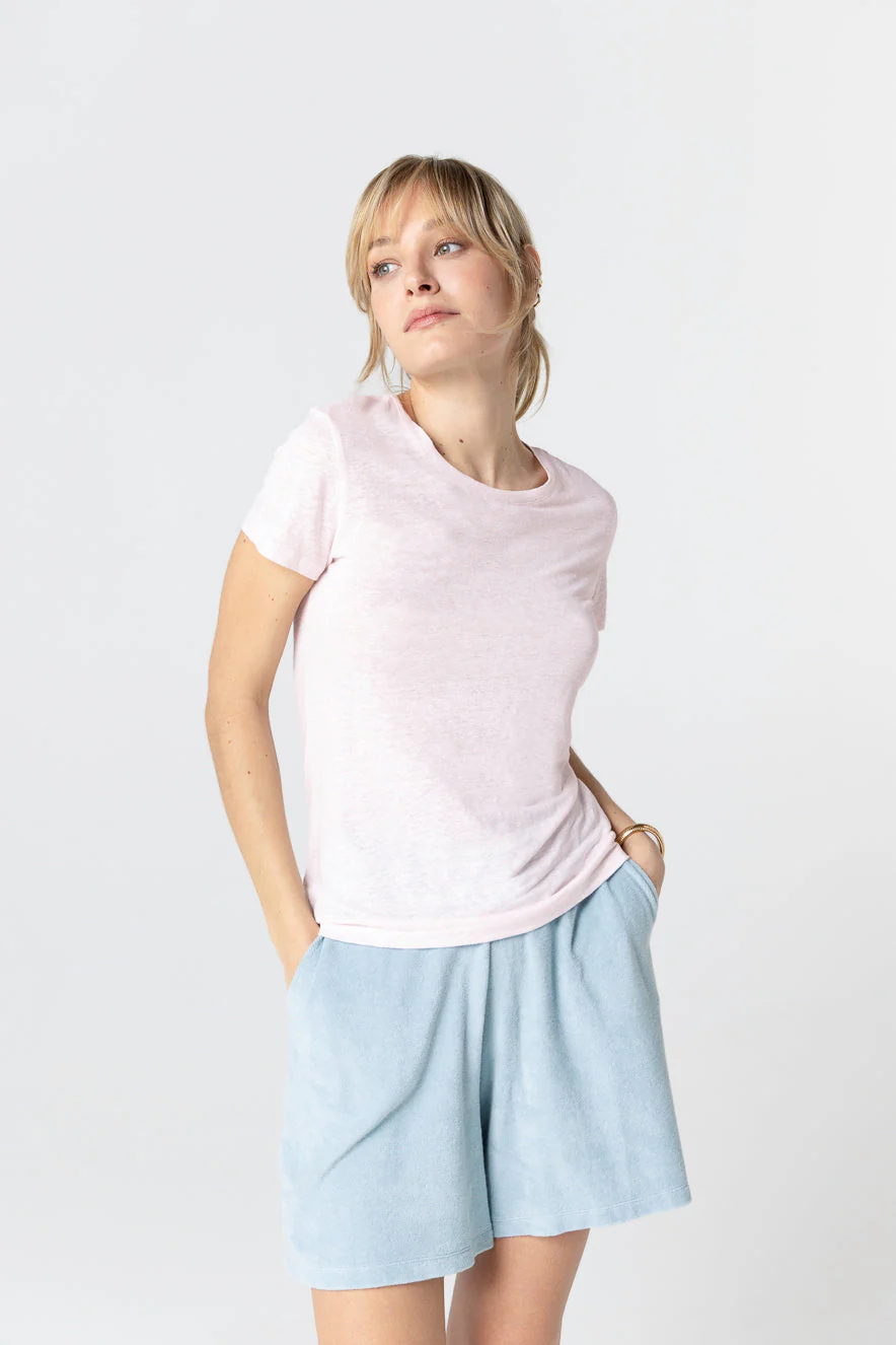 T-shirt Rose Col Rond Manches Courtes en Lin / Elasthanne
