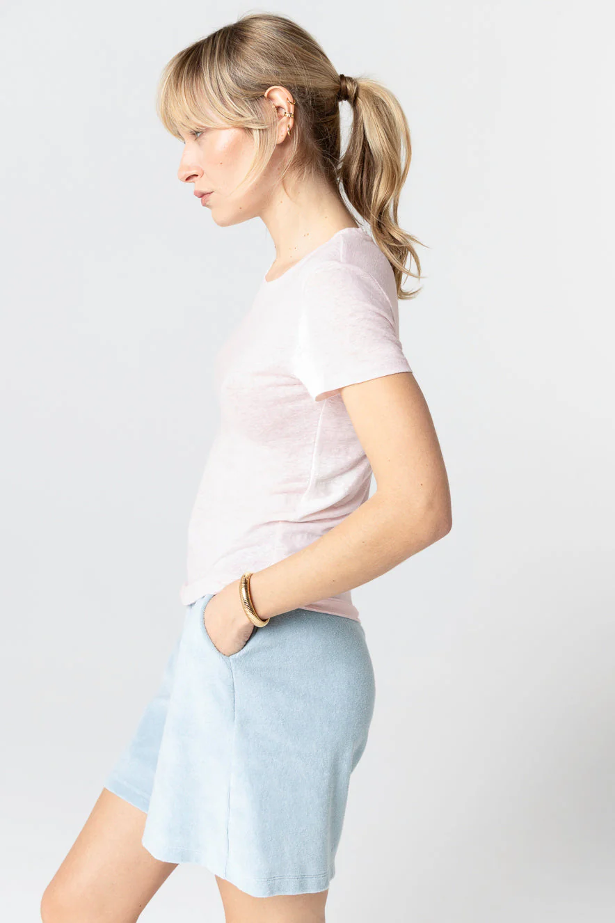 T-shirt Rose Col Rond Manches Courtes en Lin / Elasthanne - Image 2