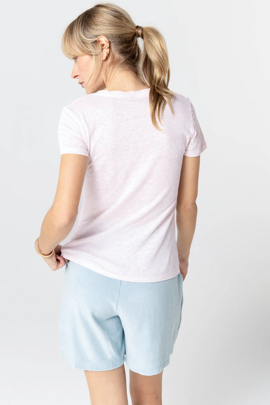T-shirt Rose Col Rond Manches Courtes en Lin / Elasthanne - Image 3