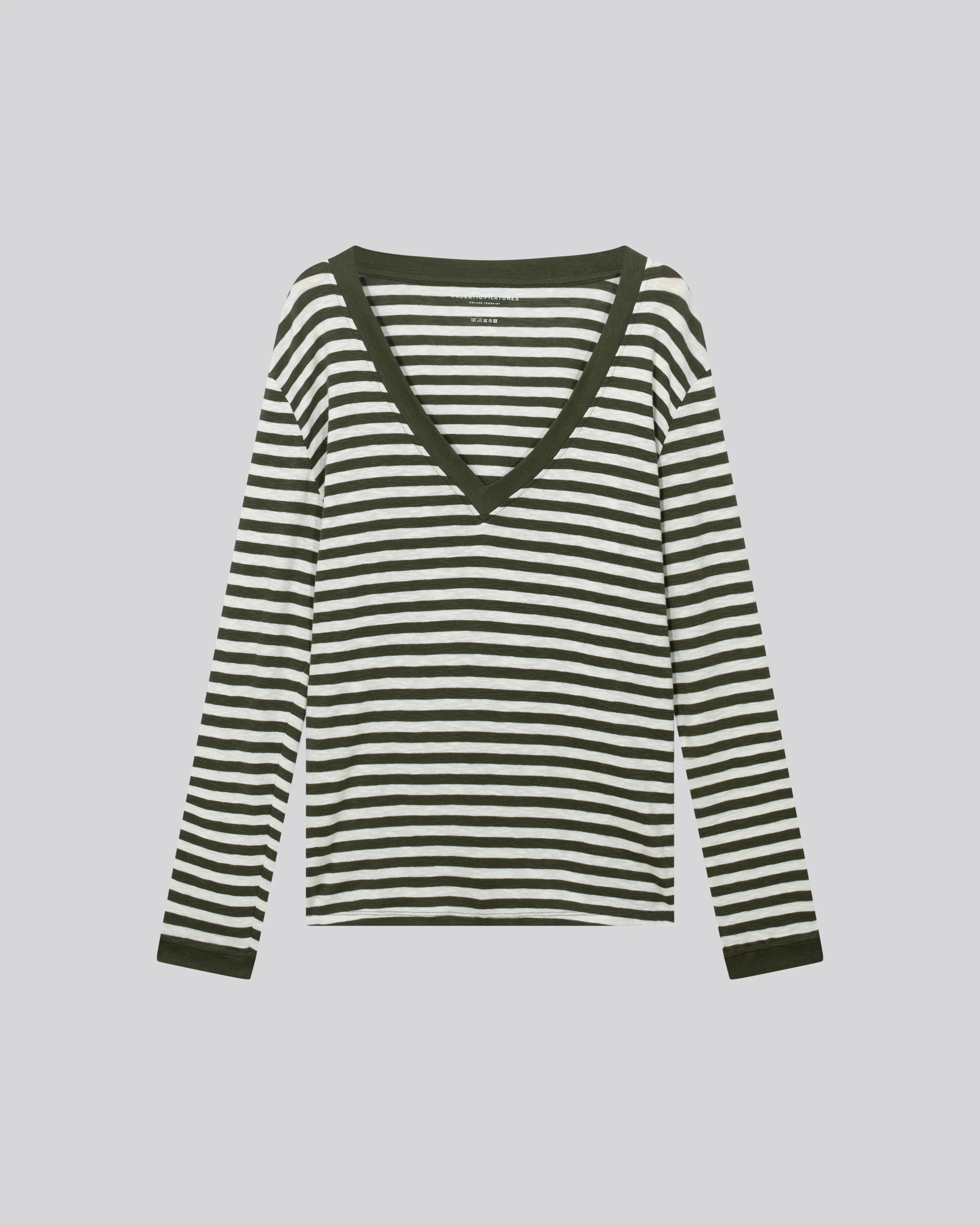 T-shirt Marinière Vert / Blanc Col V Manches Longues en Coton organique - Image 6
