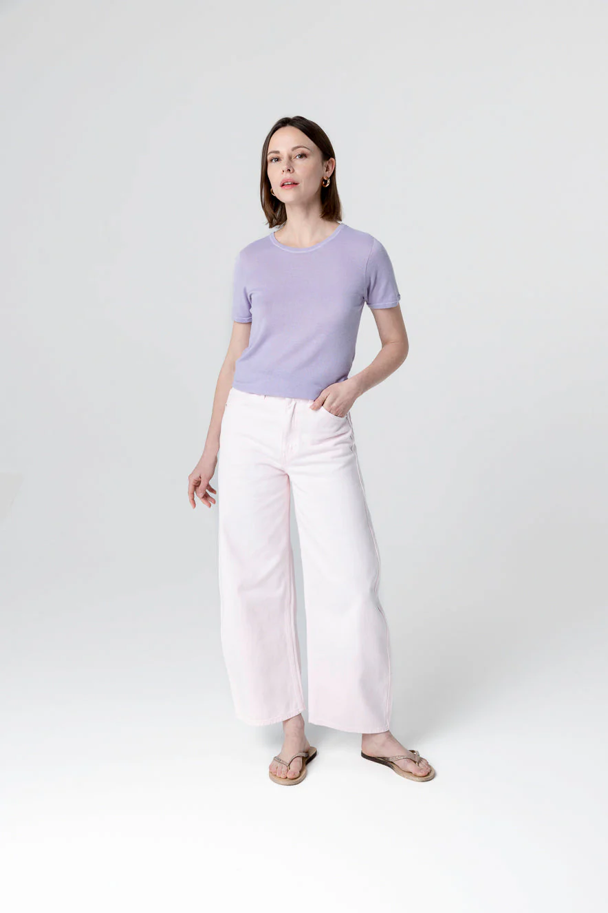 T-shirt Violet Clair Col Rond Manches Courtes en Cachemire
