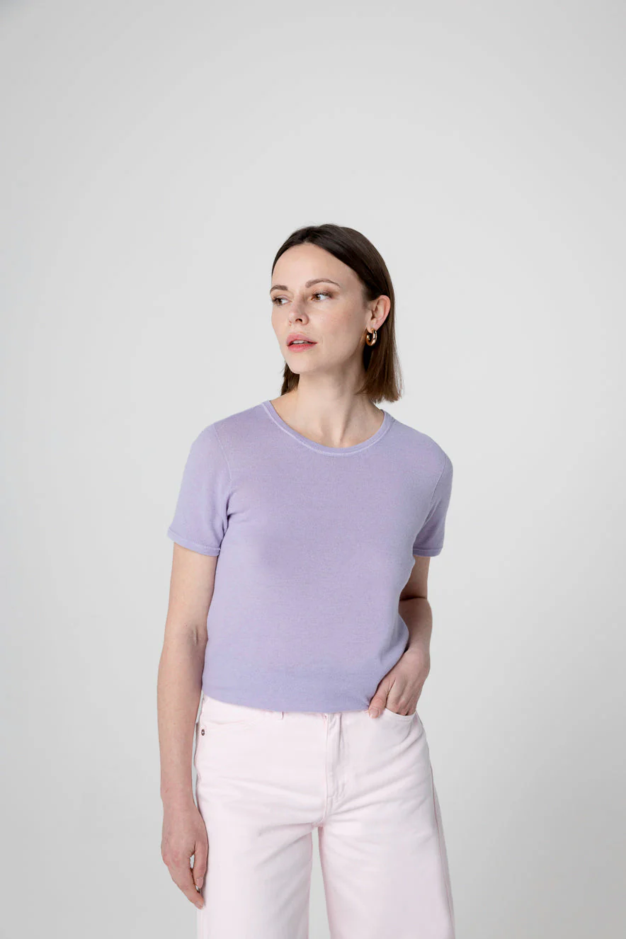 T-shirt Violet Clair Col Rond Manches Courtes en Cachemire - Image 2