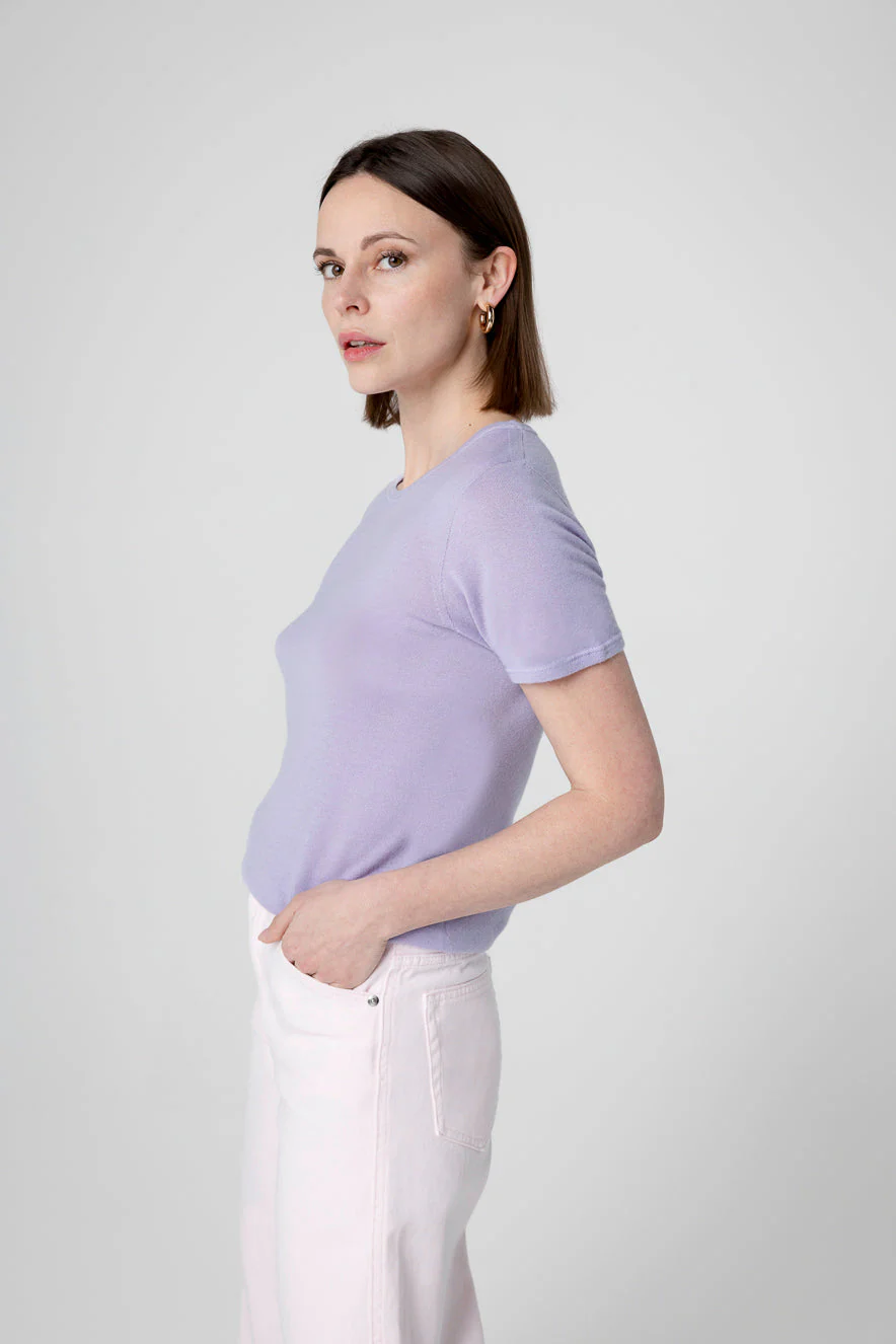 T-shirt Violet Clair Col Rond Manches Courtes en Cachemire - Image 3