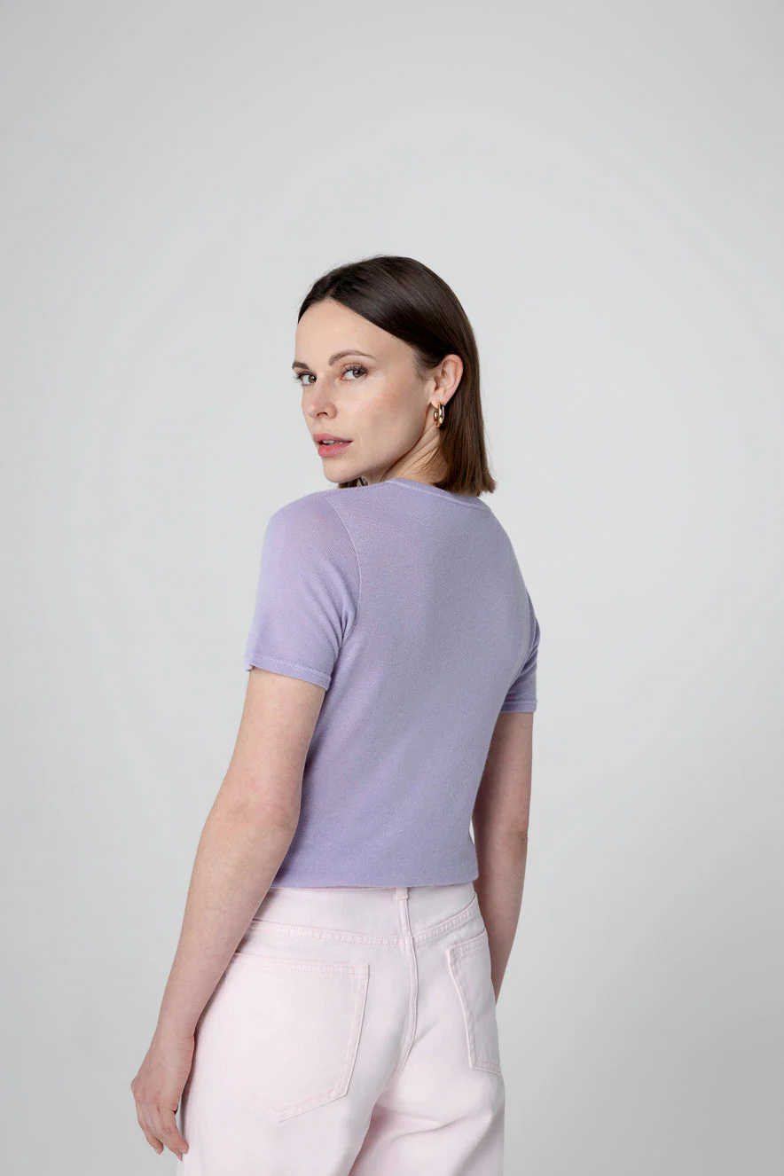 T-shirt Violet Clair Col Rond Manches Courtes en Cachemire - Image 4