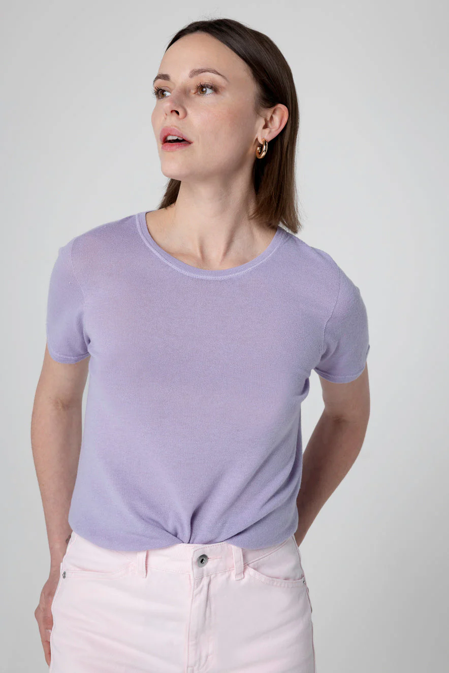 T-shirt Violet Clair Col Rond Manches Courtes en Cachemire - Image 5