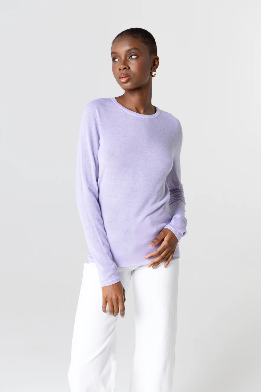 T-shirt Violet Clair Col Rond Manches Longues en Cachemire