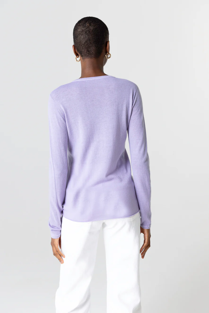 T-shirt Violet Clair Col Rond Manches Longues en Cachemire - Image 3