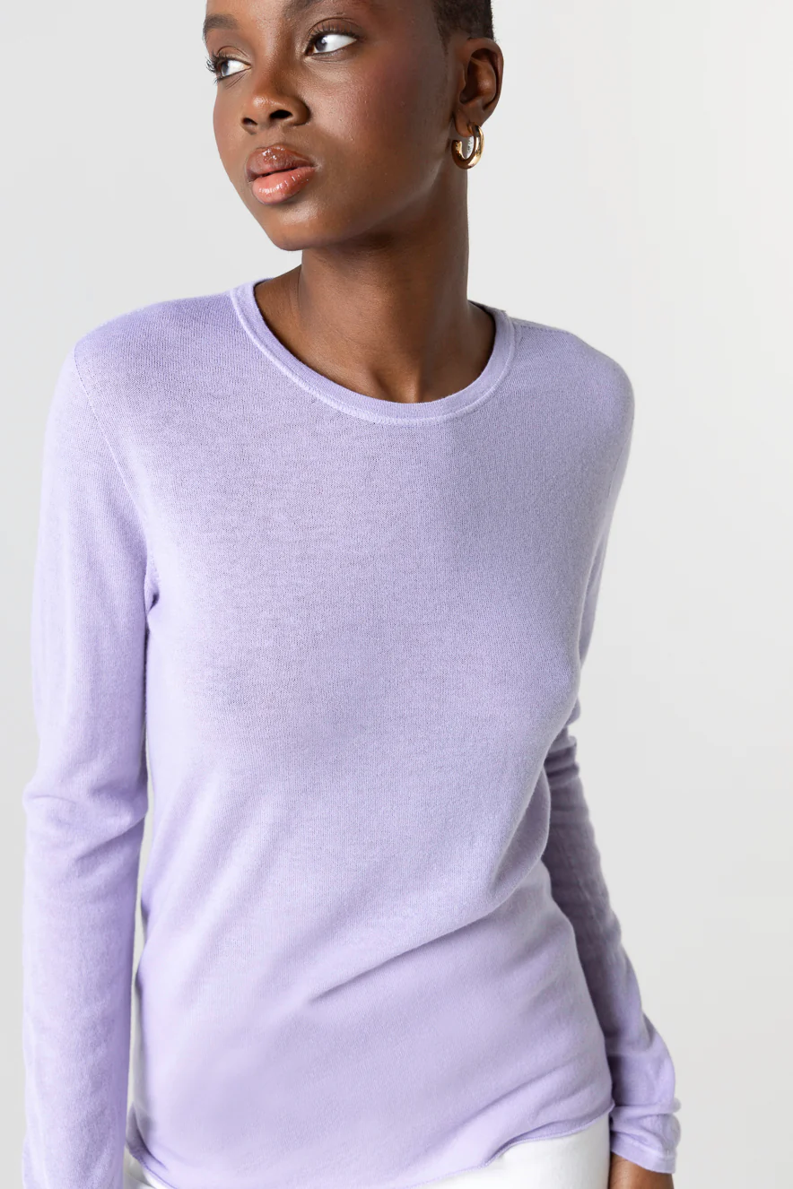 T-shirt Violet Clair Col Rond Manches Longues en Cachemire - Image 4