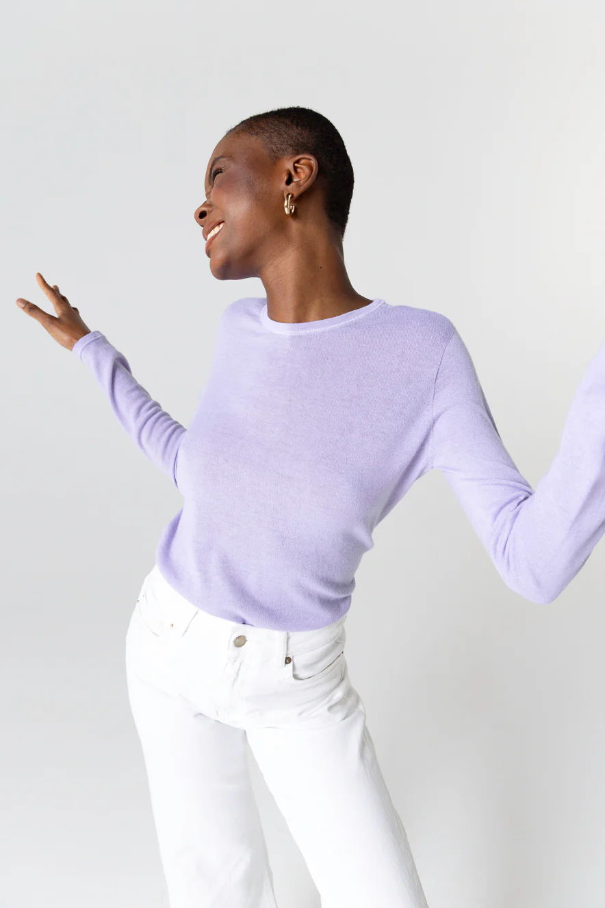 T-shirt Violet Clair Col Rond Manches Longues en Cachemire - Image 5